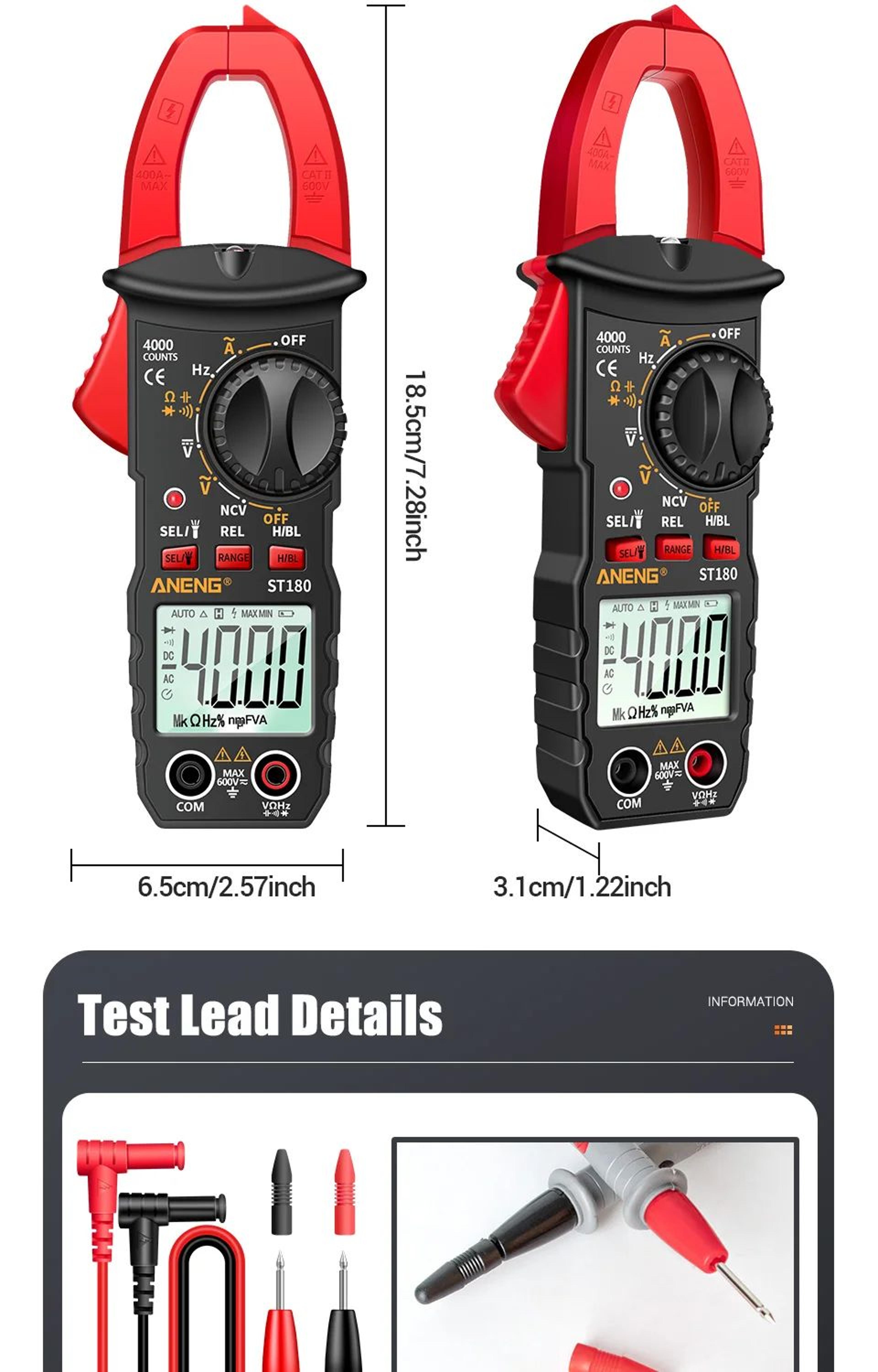 ANENG ST180 Clamp Meter 4000 Count  400A AC Ammeter Multimeter W NCV Hz  Capacitance 600V Tester 15