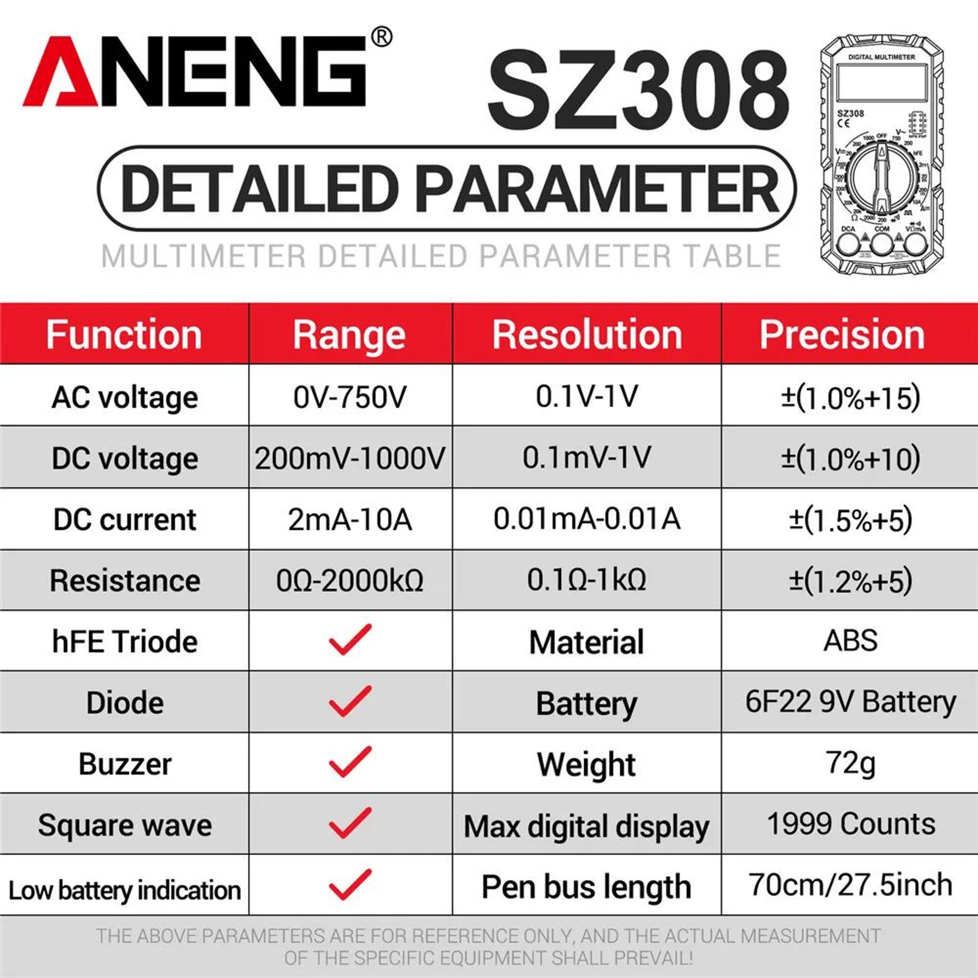 ANENG SZ308 Digital Multimeter  1000V DC750V AC Tester OhmDiodeHFE Backlit LCD For Electricians 5