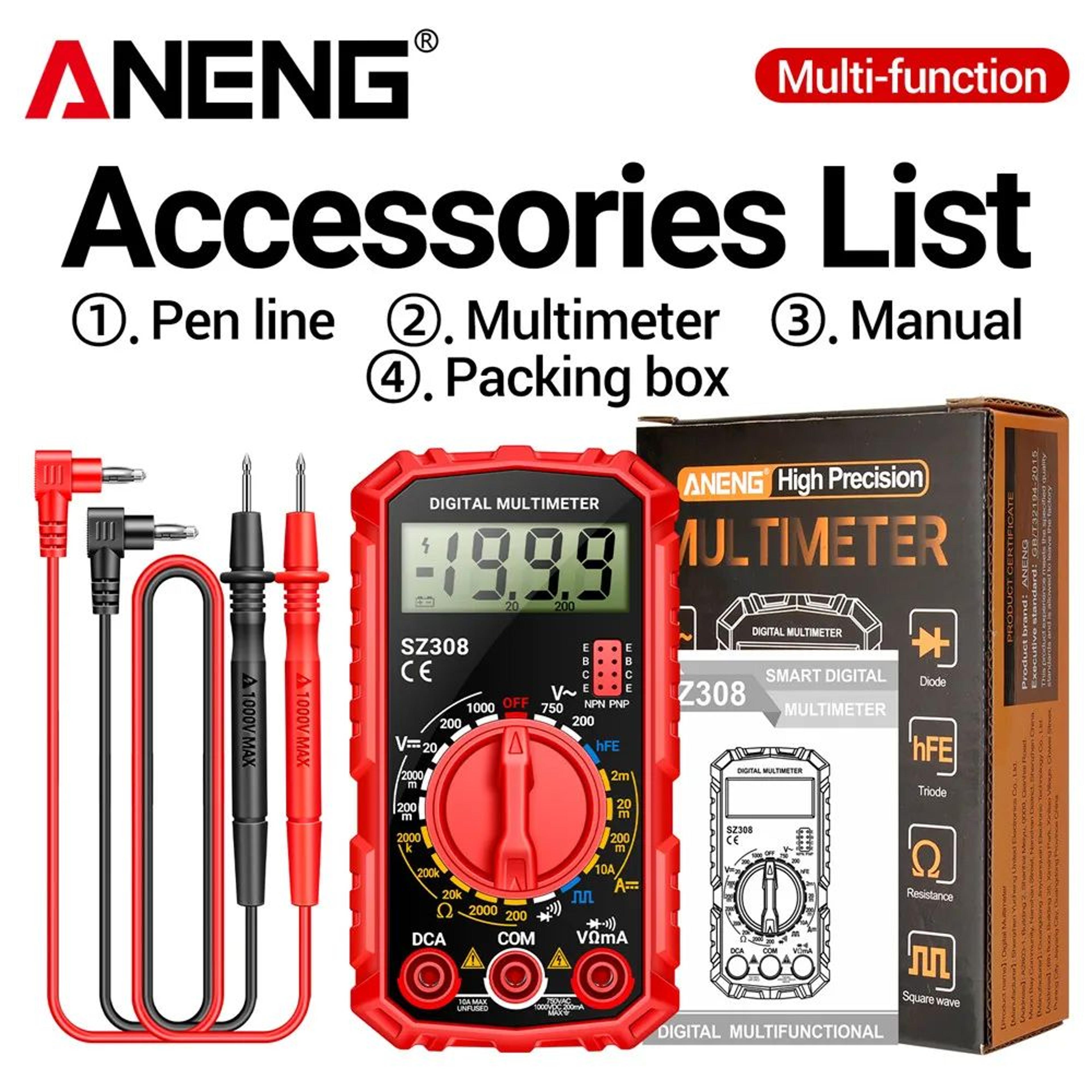ANENG SZ308 Digital Multimeter  1000V DC750V AC Tester OhmDiodeHFE Backlit LCD For Electricians 7