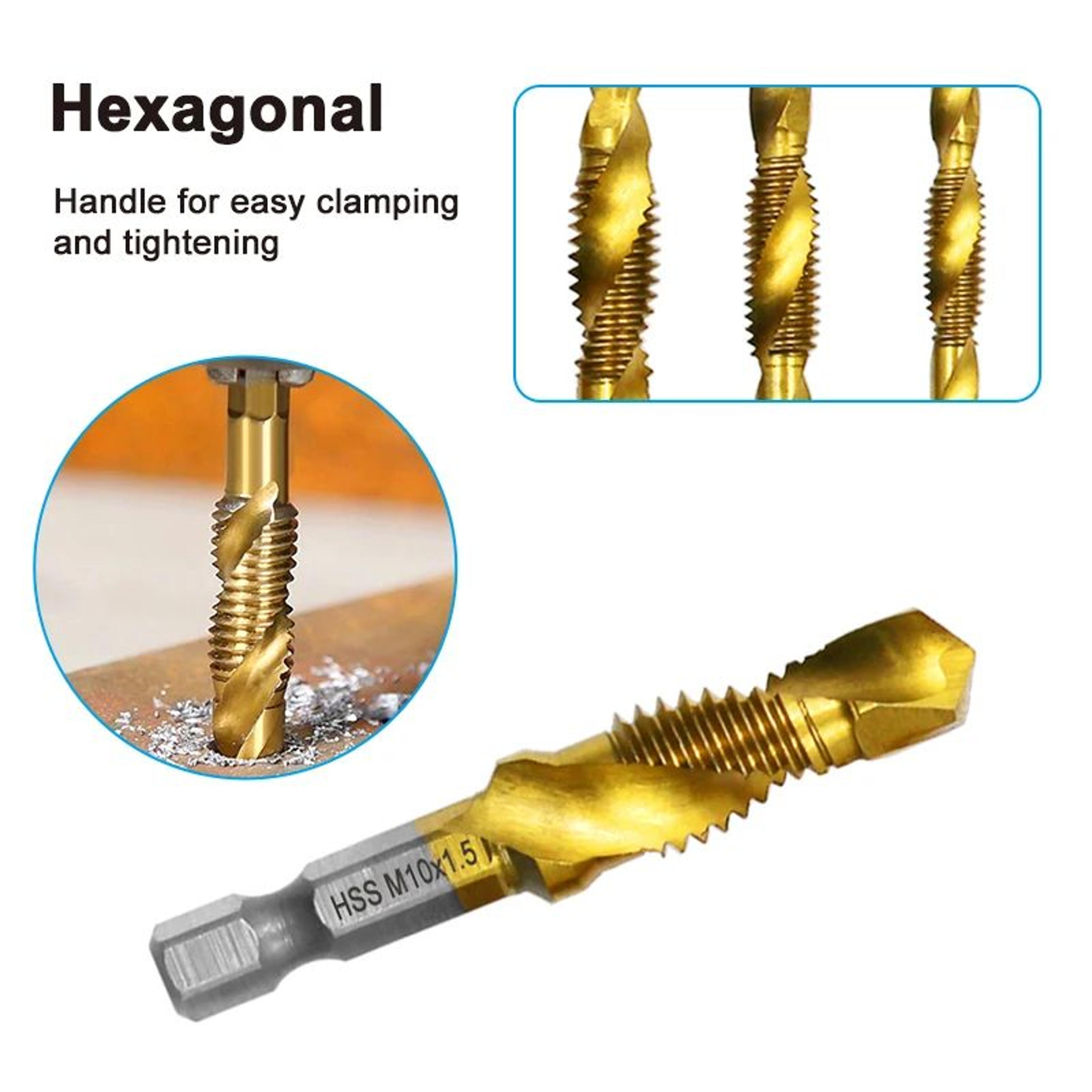 6 Pcs Titanium Plated Drill Tap Set M3M10  High Speed Steel Hex Shank Tap  Drill Combo With Chamfer 9