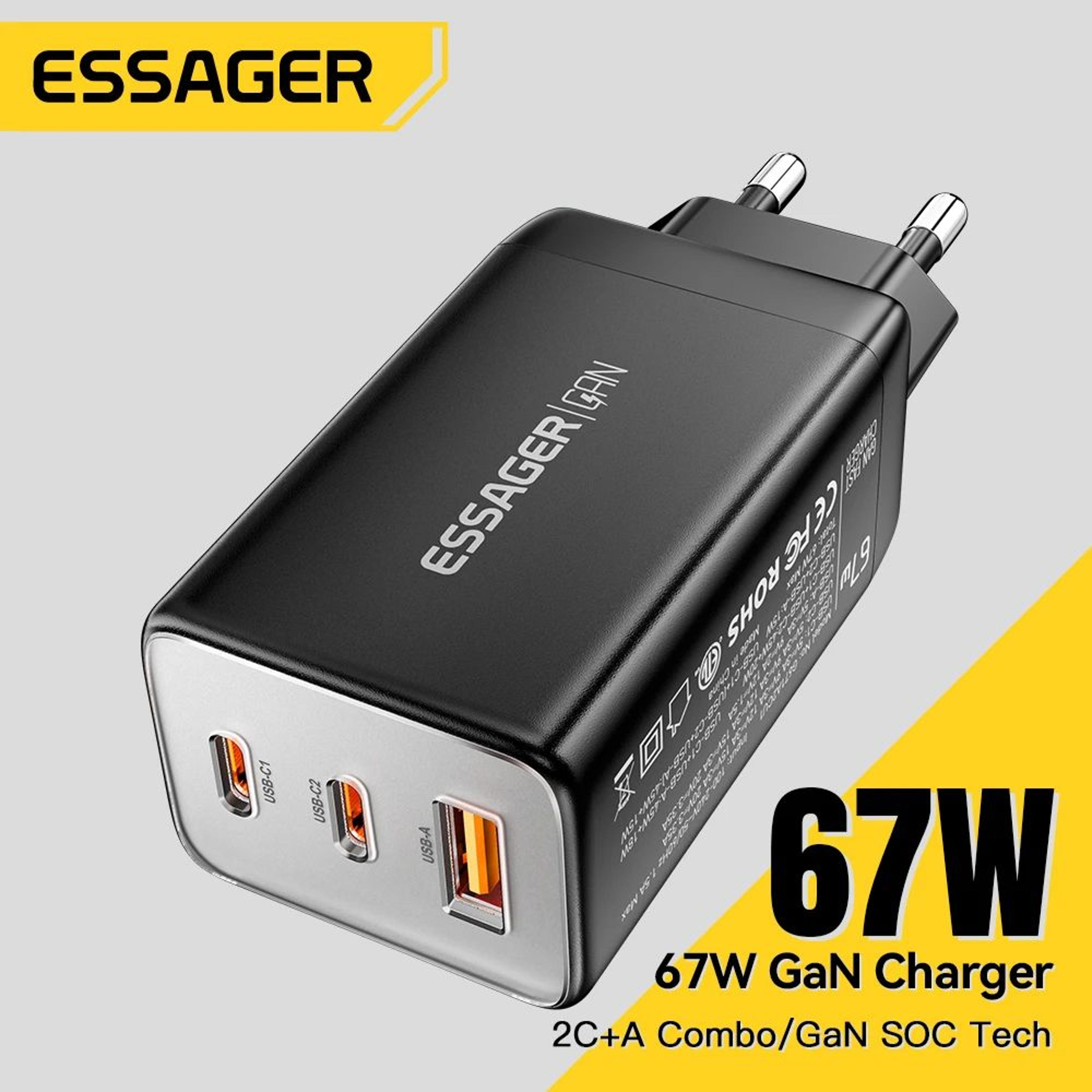 Essager 67W GaN USBC Fast Charger  PD 30 QC 30 3Port Wall Charger For IPhone Samsung Xiaomi  Laptop 1