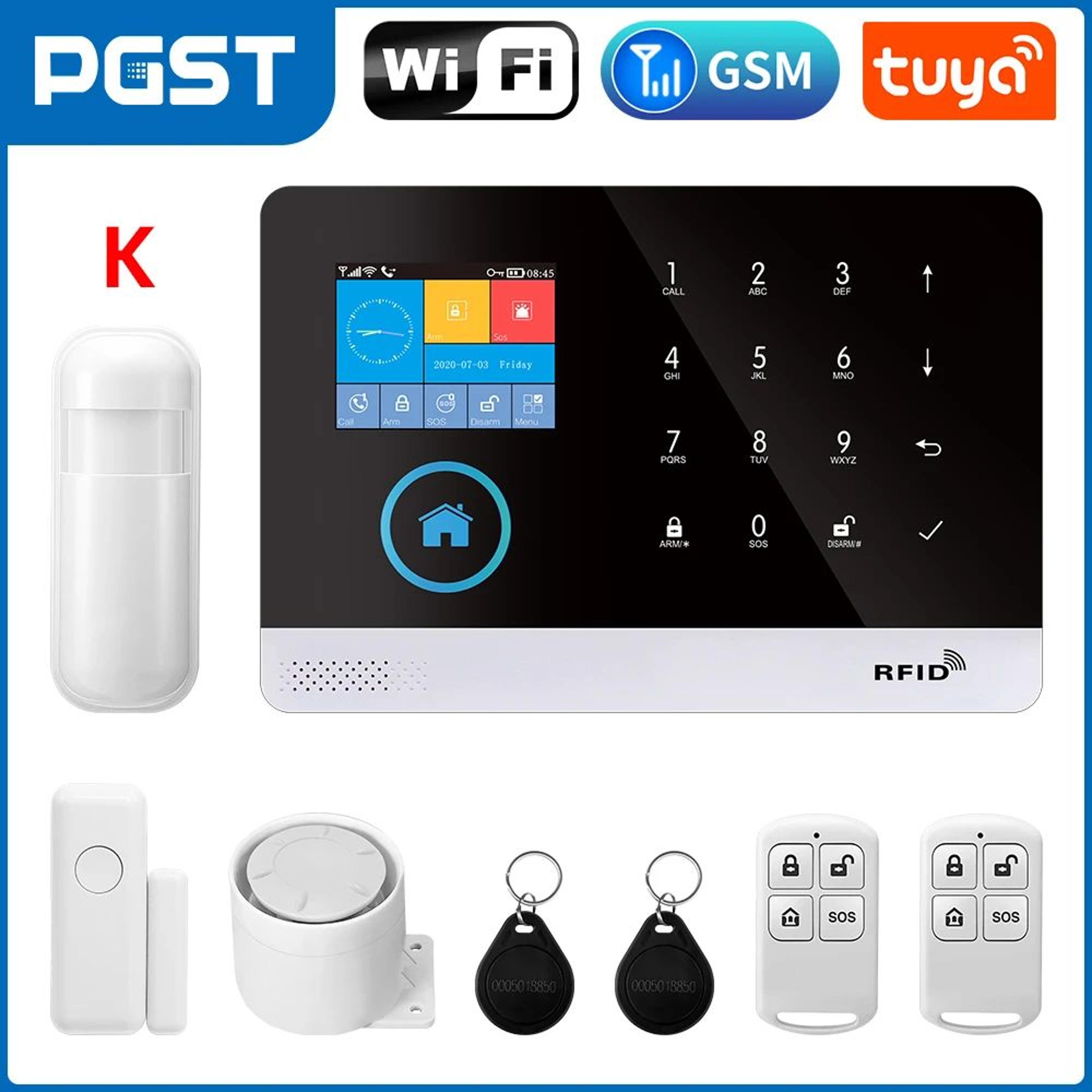 PGST 103 Smart Home Security Alarm System  4G2G GSM WiFi Burglar Alarm With 24 In Screen RFID  PIR  6