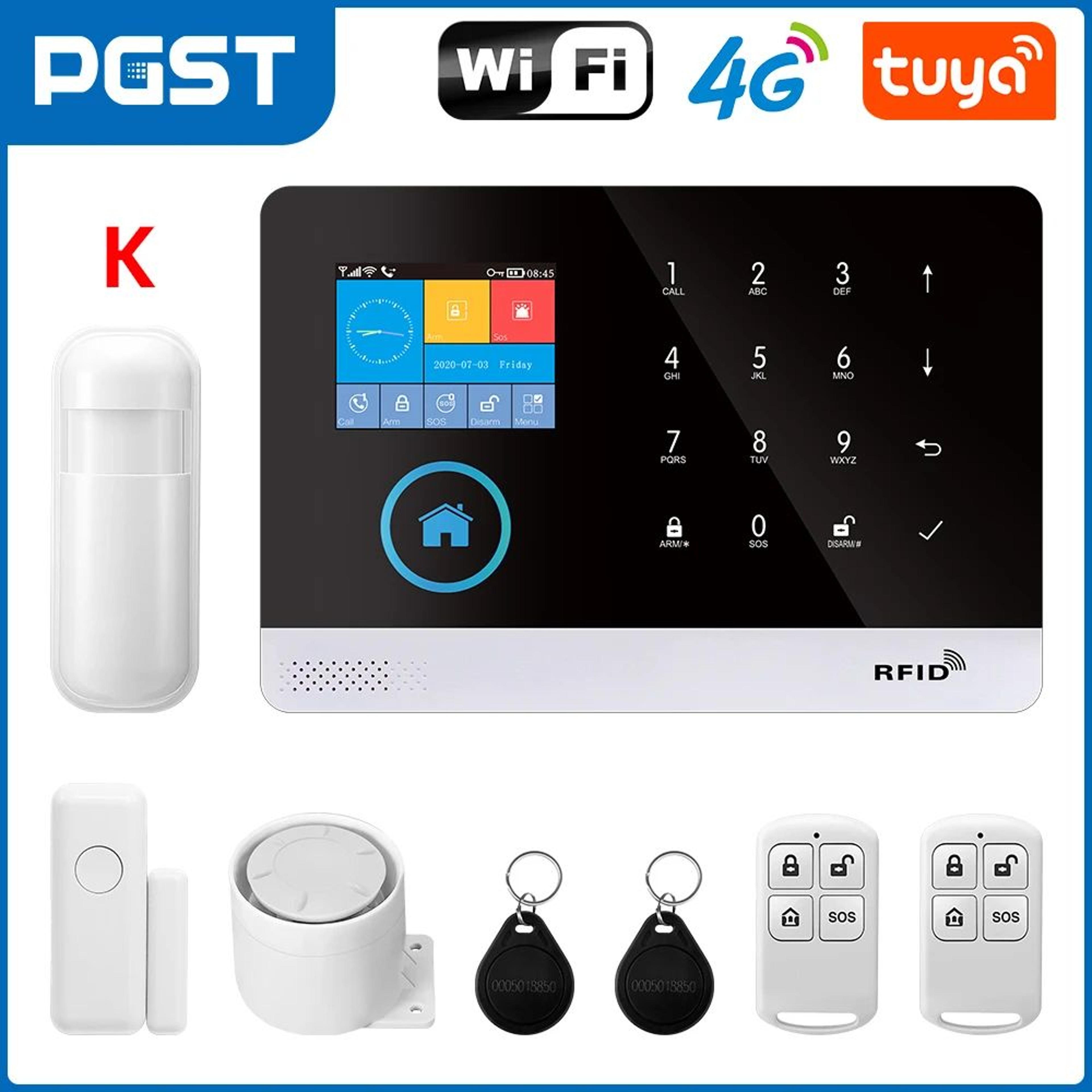 PGST 103 Smart Home Security Alarm System  4G2G GSM WiFi Burglar Alarm With 24 In Screen RFID  PIR  16