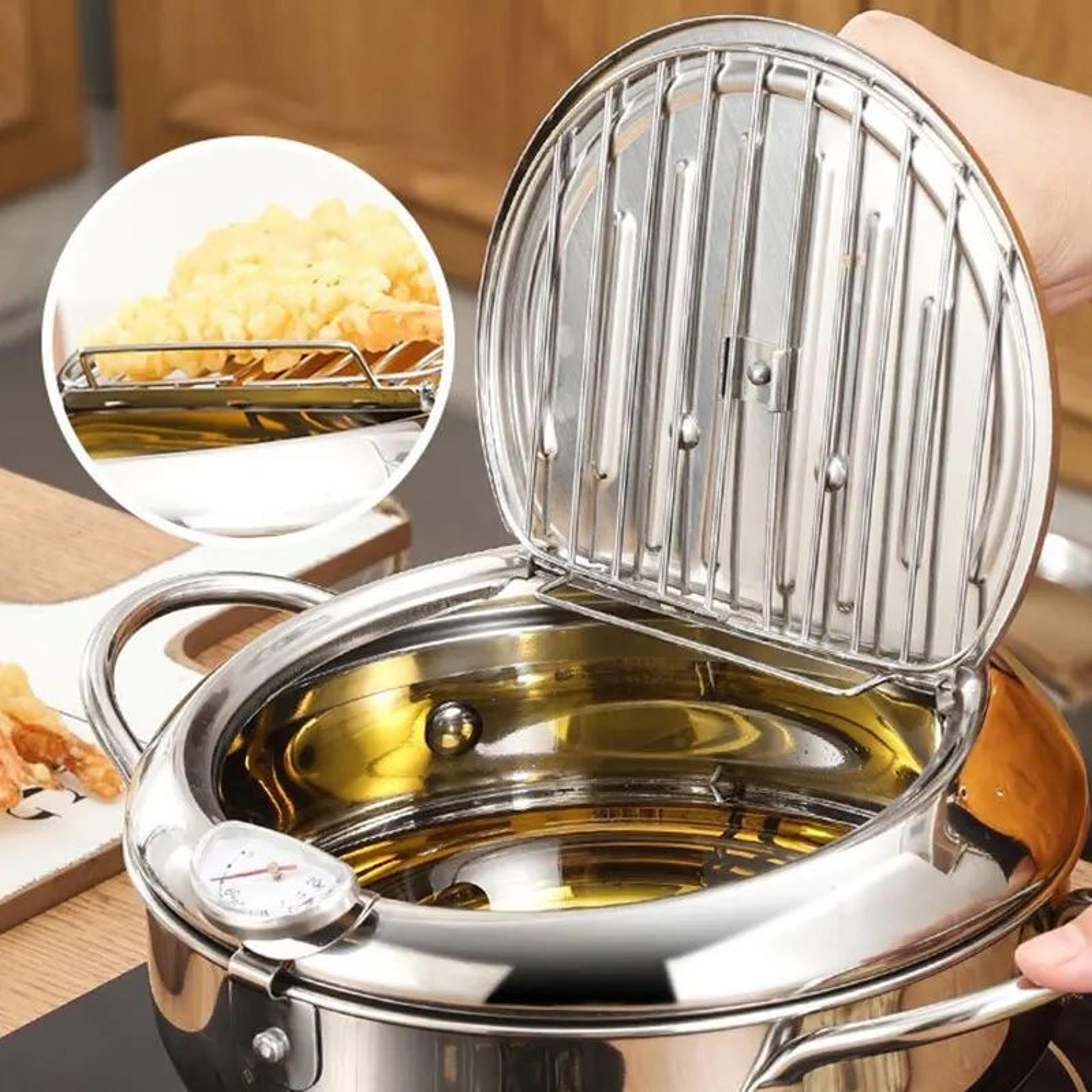 Stainless Steel Deep Frying Pan With Thermometer  Lid Small OilSaving Tempura Fryer Pot For French  1
