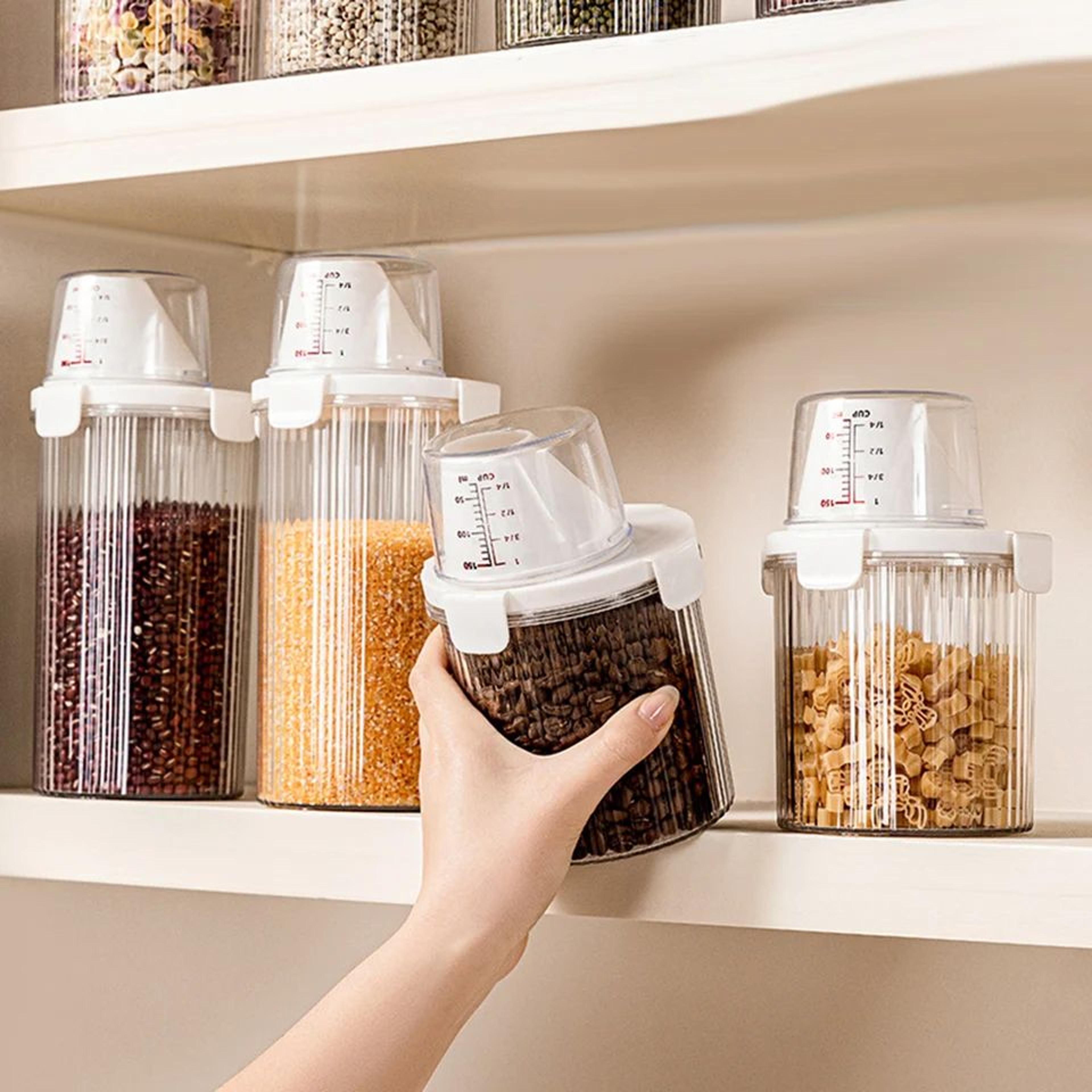 transparent food storage container with pour spout & measuring cup lid | cereal sugar beans organizer kitchen bin
