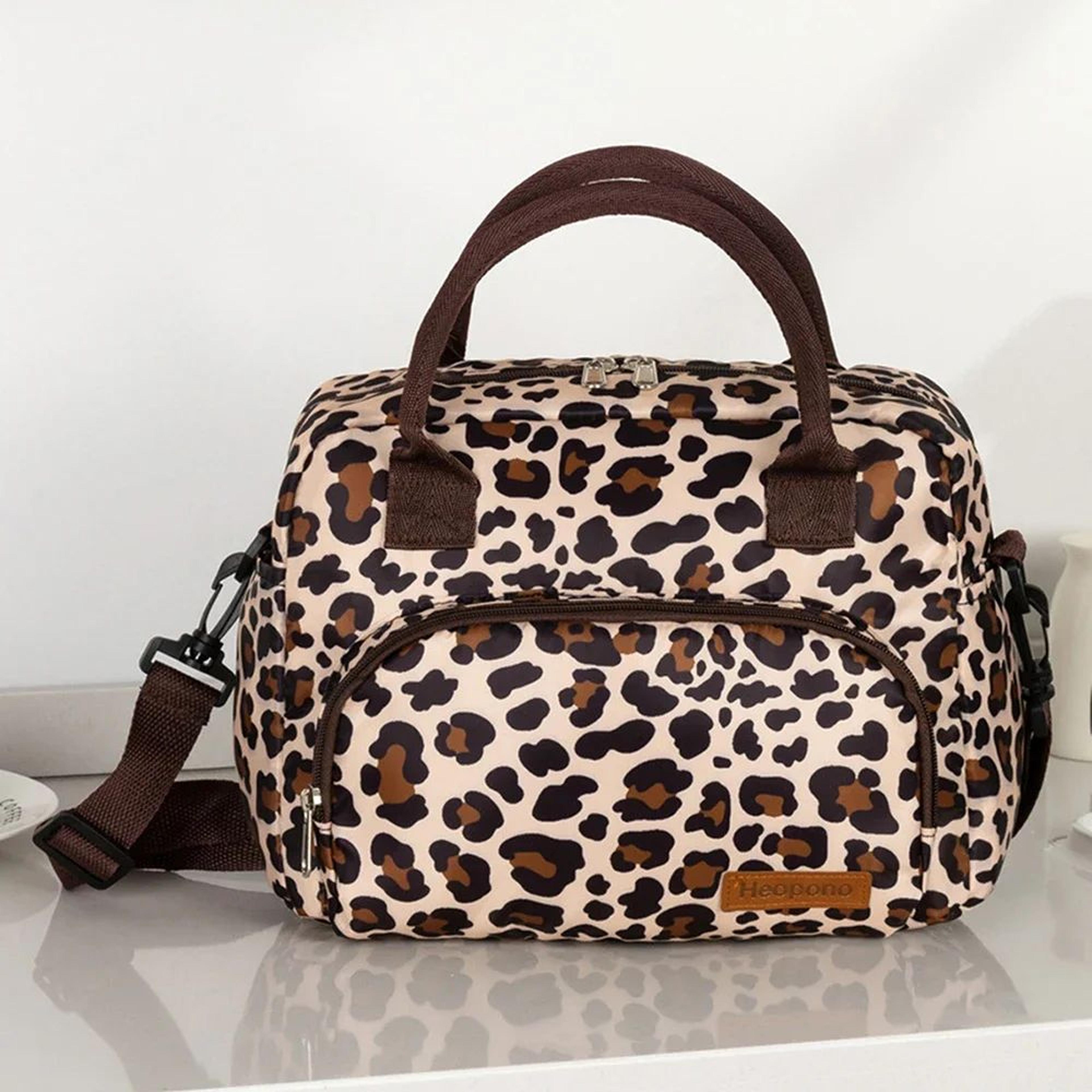Leopard Print Insulated Lunch Bag Oxford Cloth Cooler Tote With Crossbody Strap For Picnic Travel F 0
