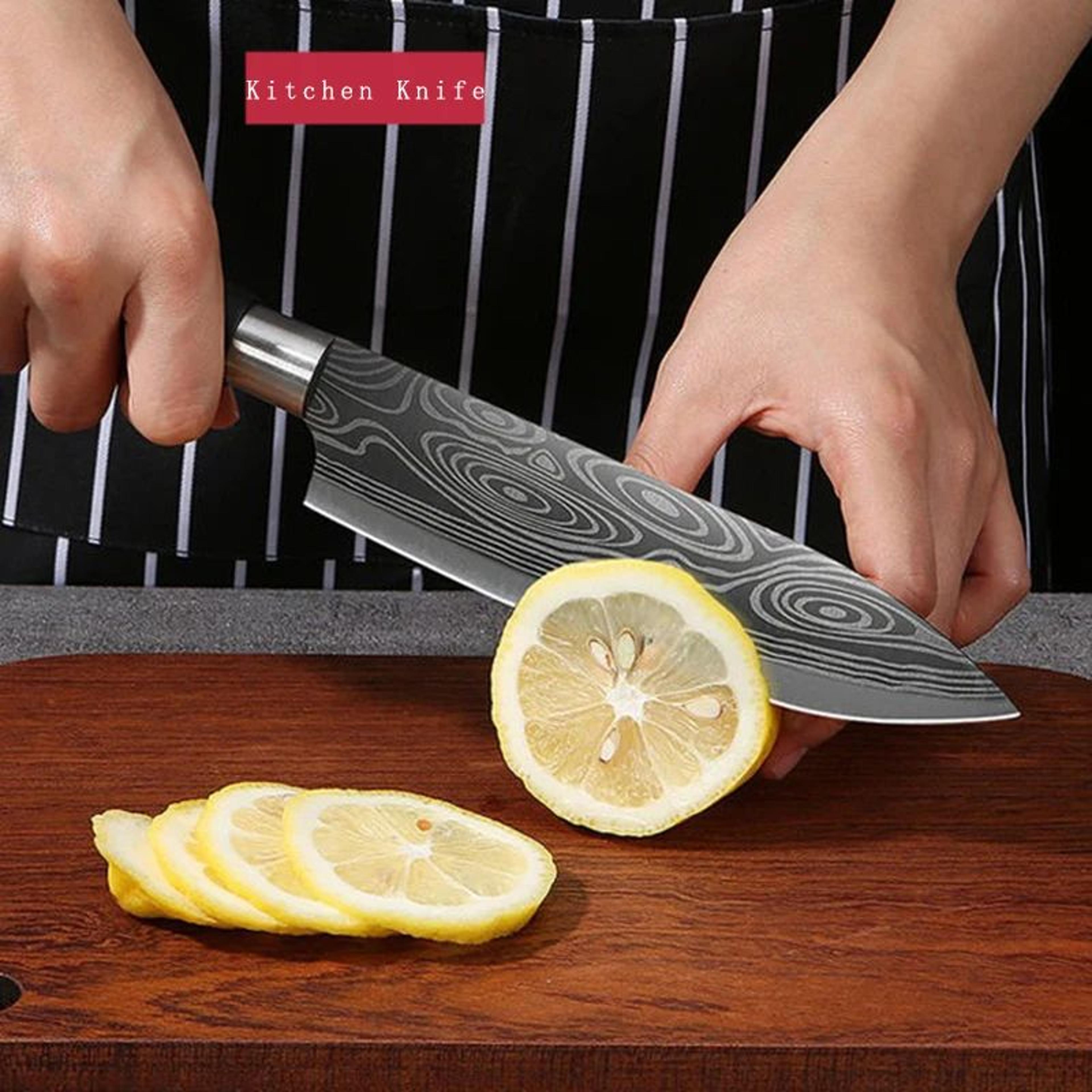 Laser Damascus Pattern Chef Knife Set With Scissors And Sharpening Rod Stainless Steel Kitchen Kniv 8