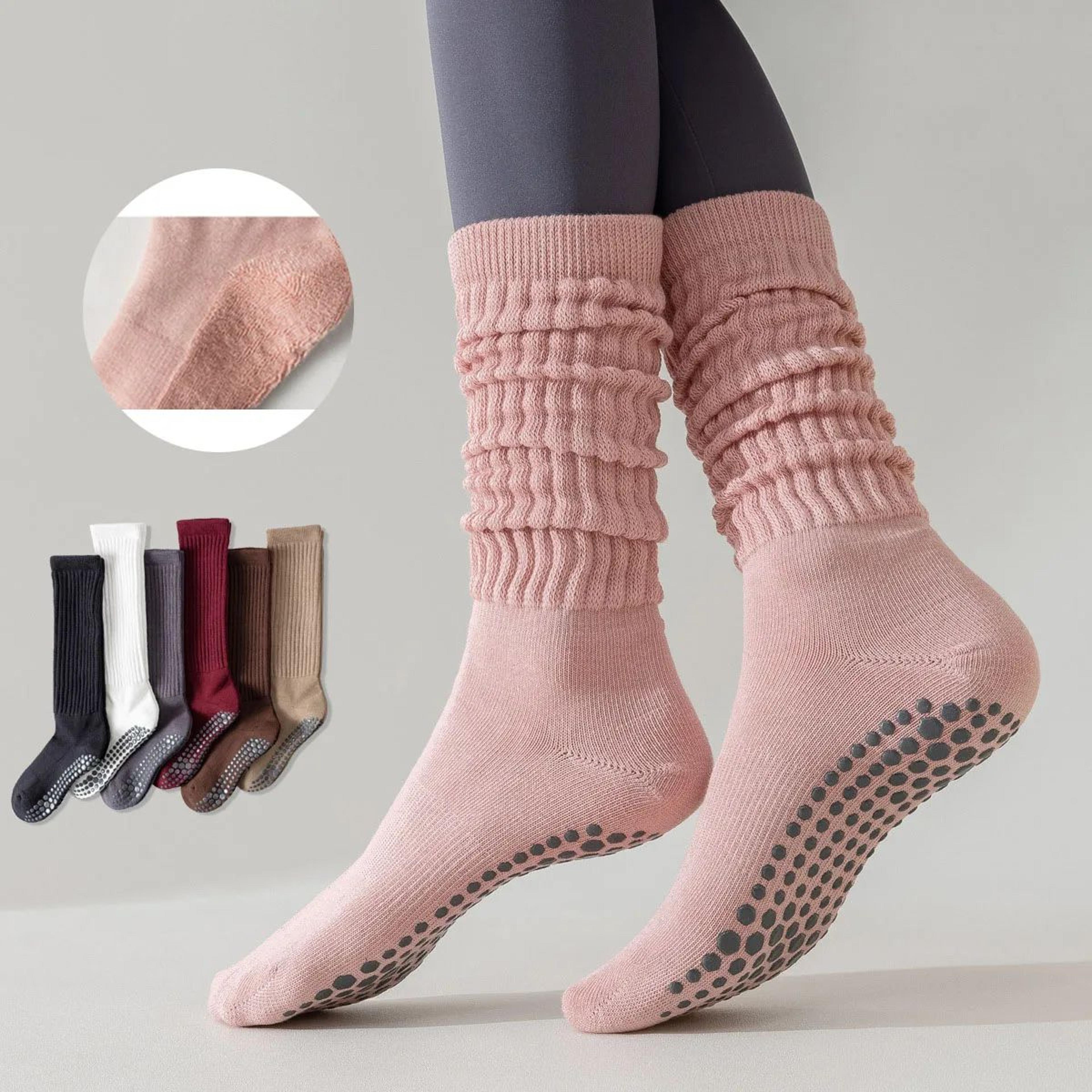 Womens KneeHigh NonSlip Yoga Socks Terry Grip Pilates Slouch Socks With Silicone Dots 0