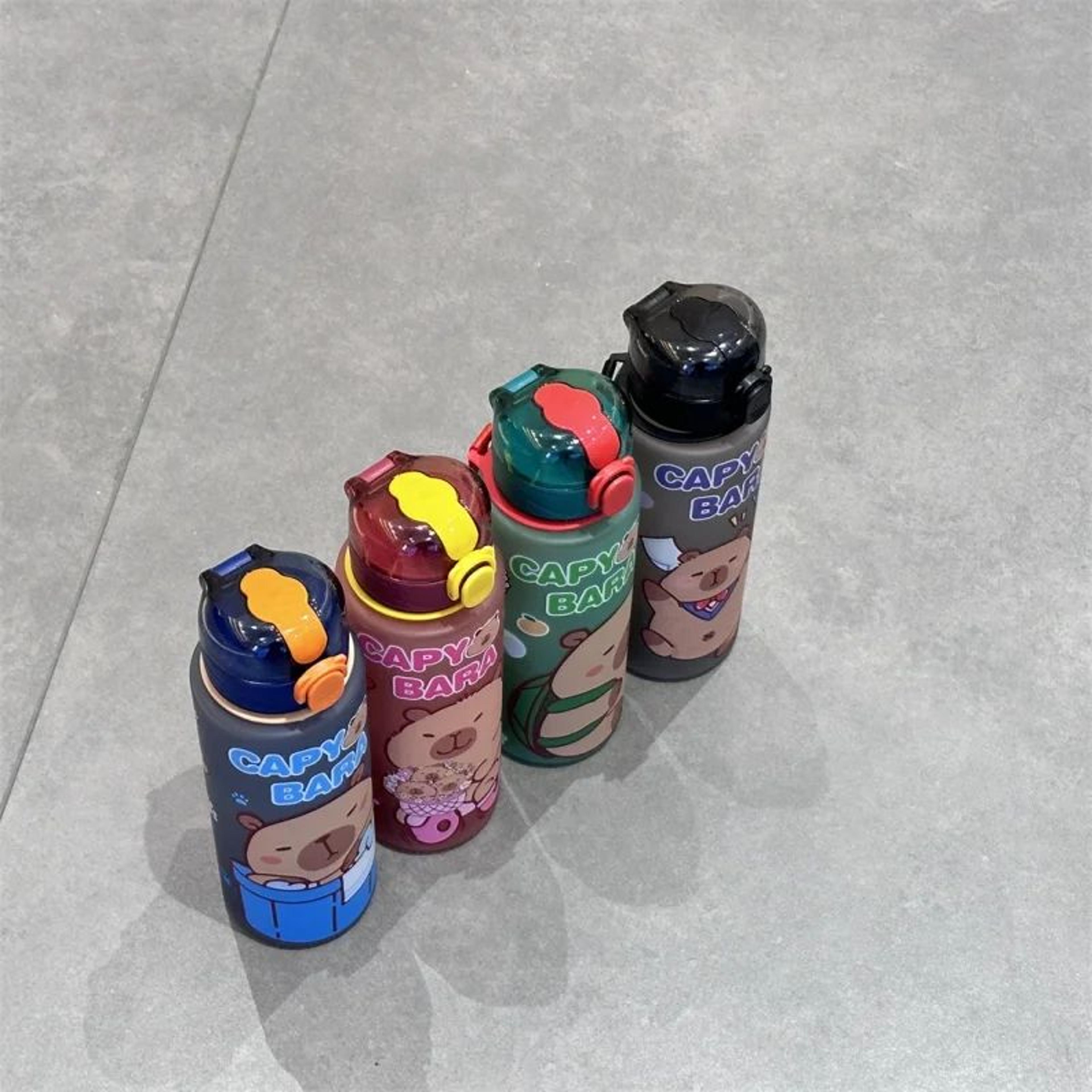 Cute Cartoon Capybara Water Bottle 2536 Oz  Leakproof Plastic Straw Sports Cup With Carry Strap 1