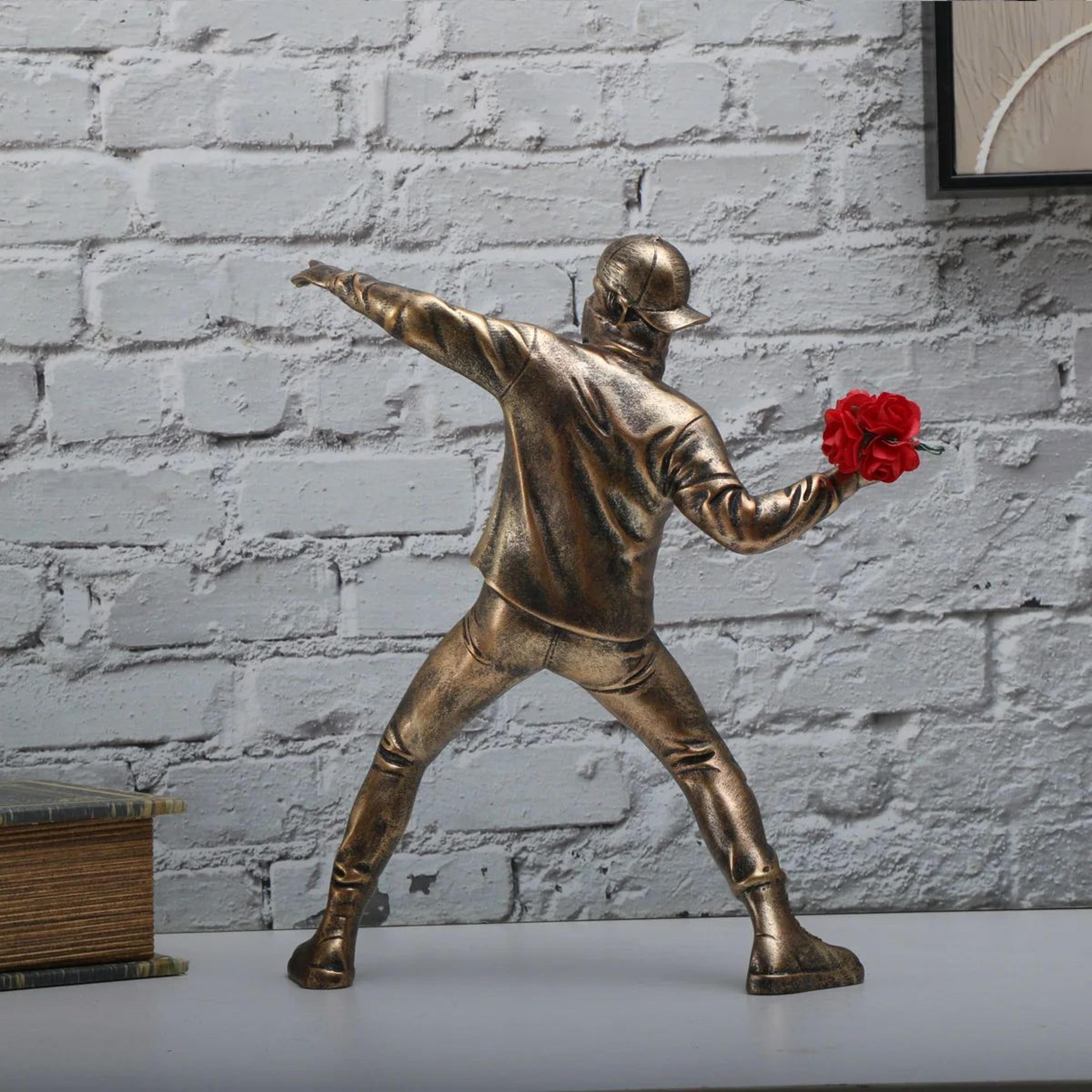 Resin BanksyInspired Flower Thrower Figurine  Modern Street Art Desk Sculpture 4