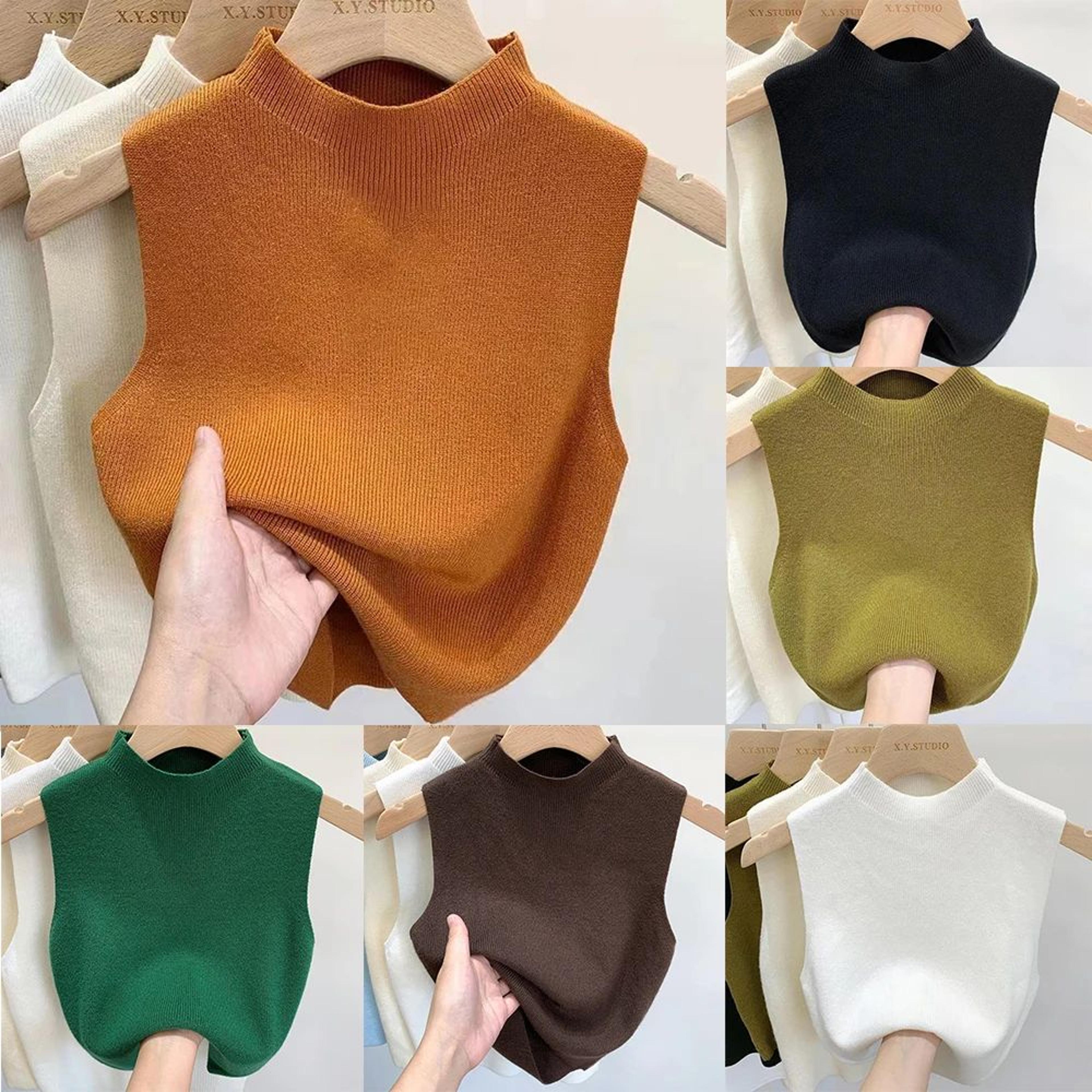 womens half-turtleneck knit crop tank – solid sleeveless sweater vest top