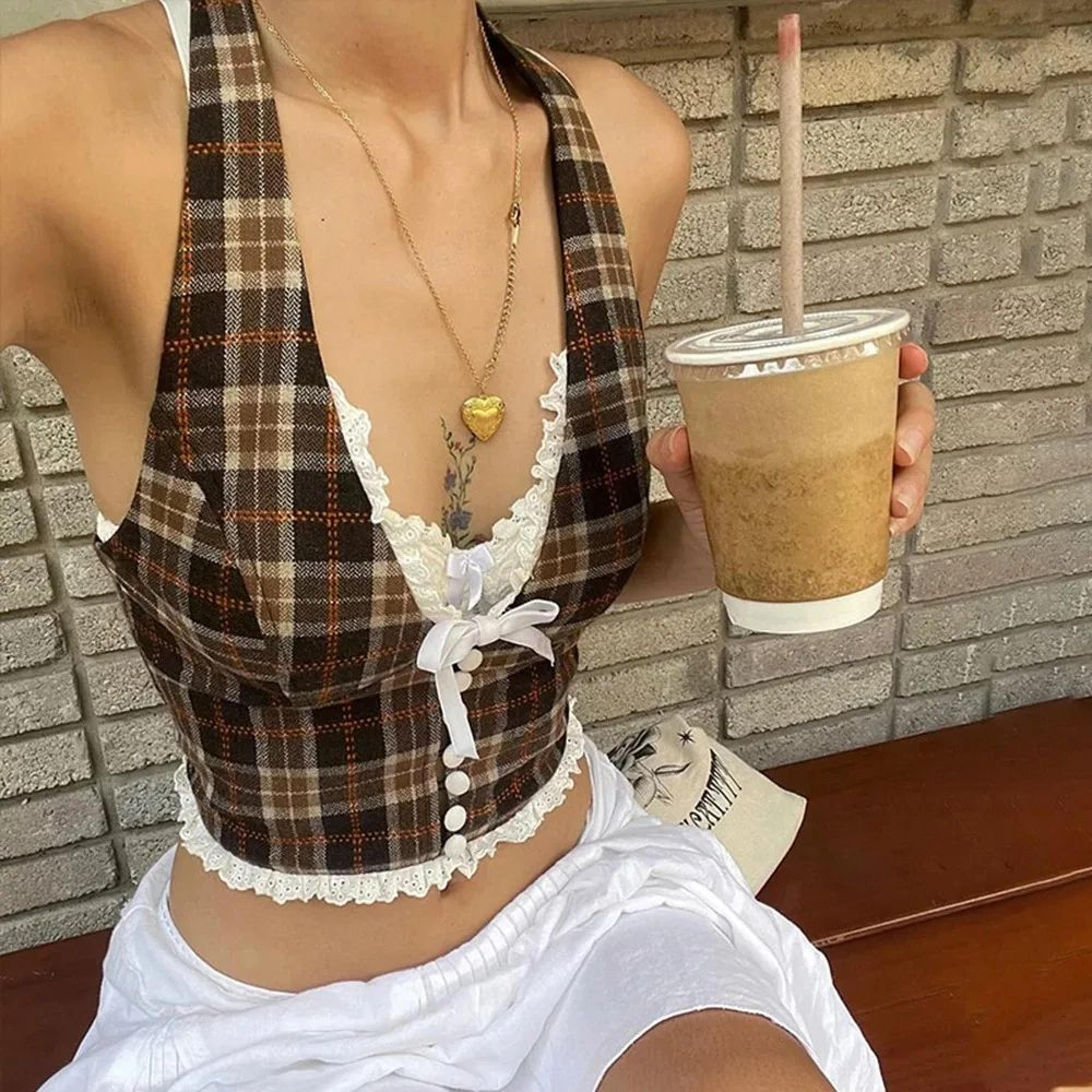 Womens Plaid Halterneck Backless Crop Top  VNeck Lace Slim Bow Tank 4