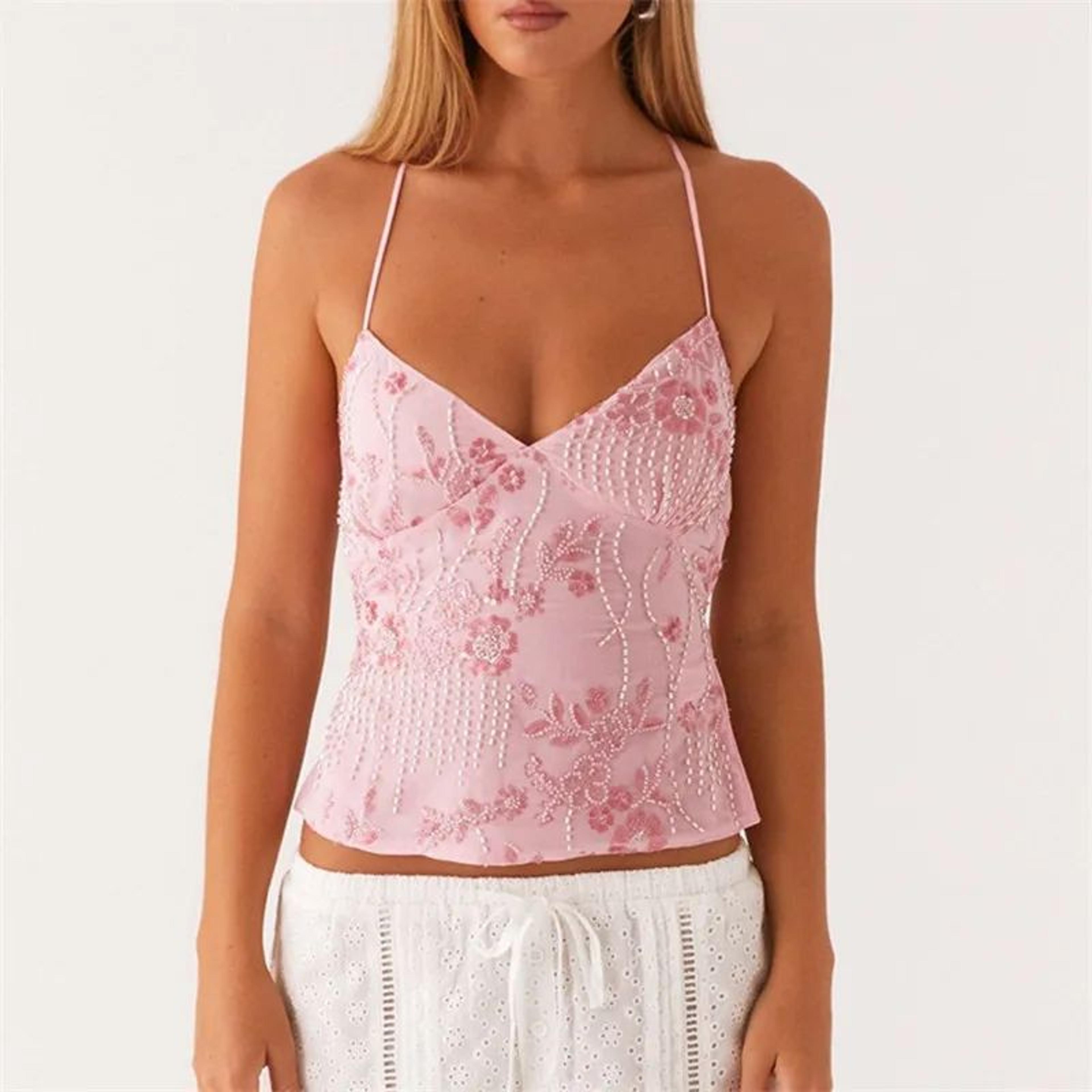 Y2K Sequin Pearl Halter Crop Top  Glitter Rhinestone VNeck Summer Camisole 8