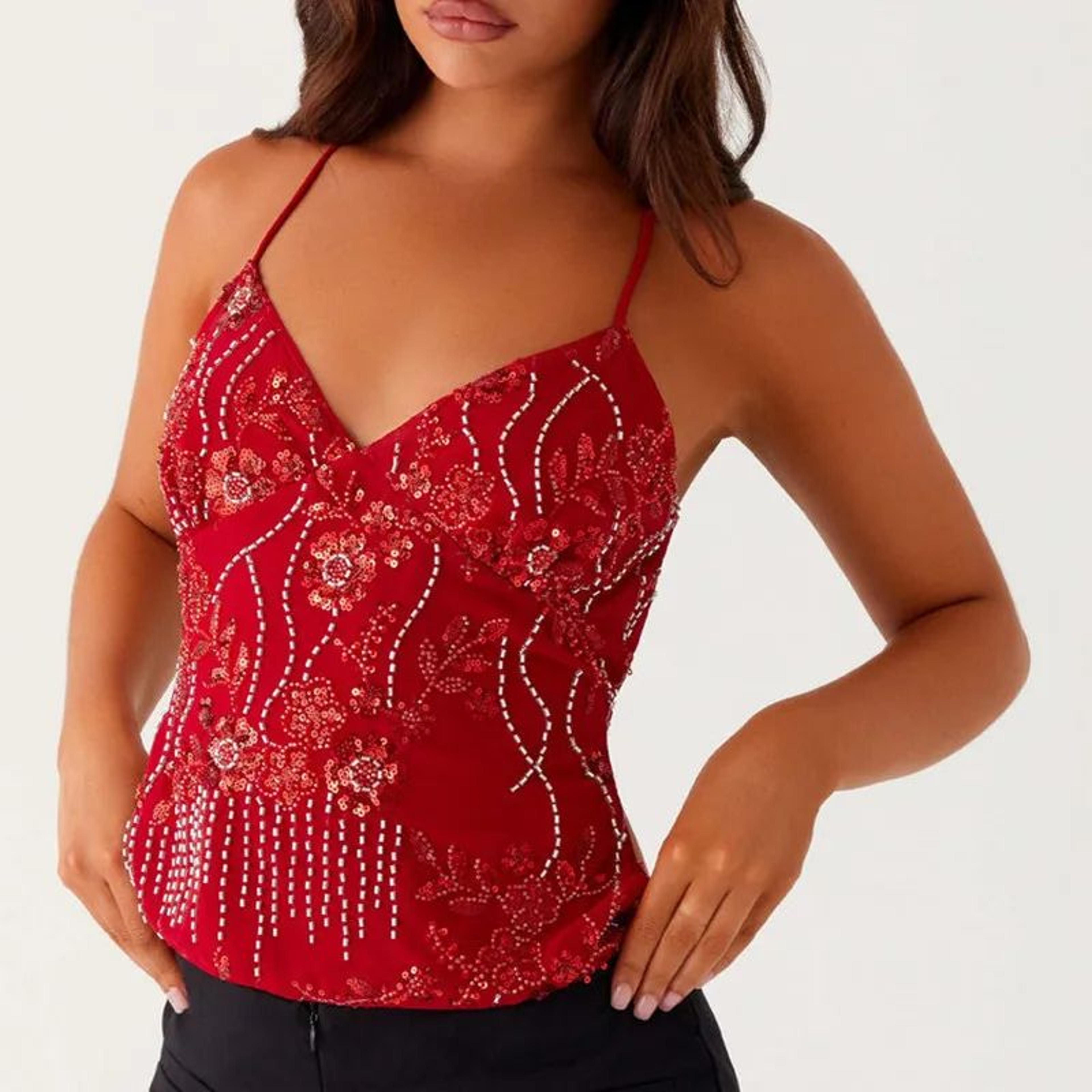 Y2K Sequin Pearl Halter Crop Top  Glitter Rhinestone VNeck Summer Camisole 9