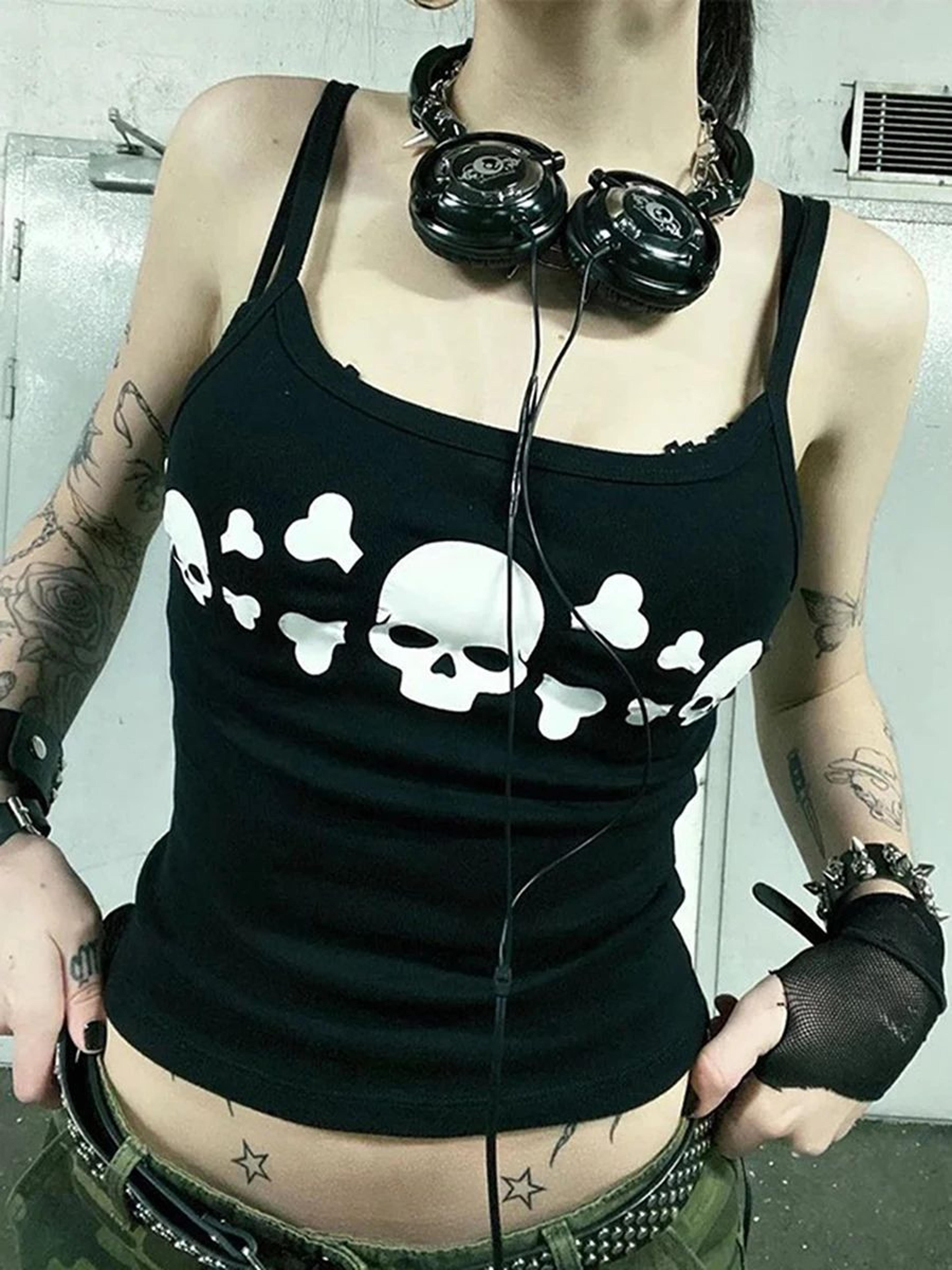 Womens Vintage Skull Print Goth Tank Top  Backless Low Cut Grunge Camisole 3