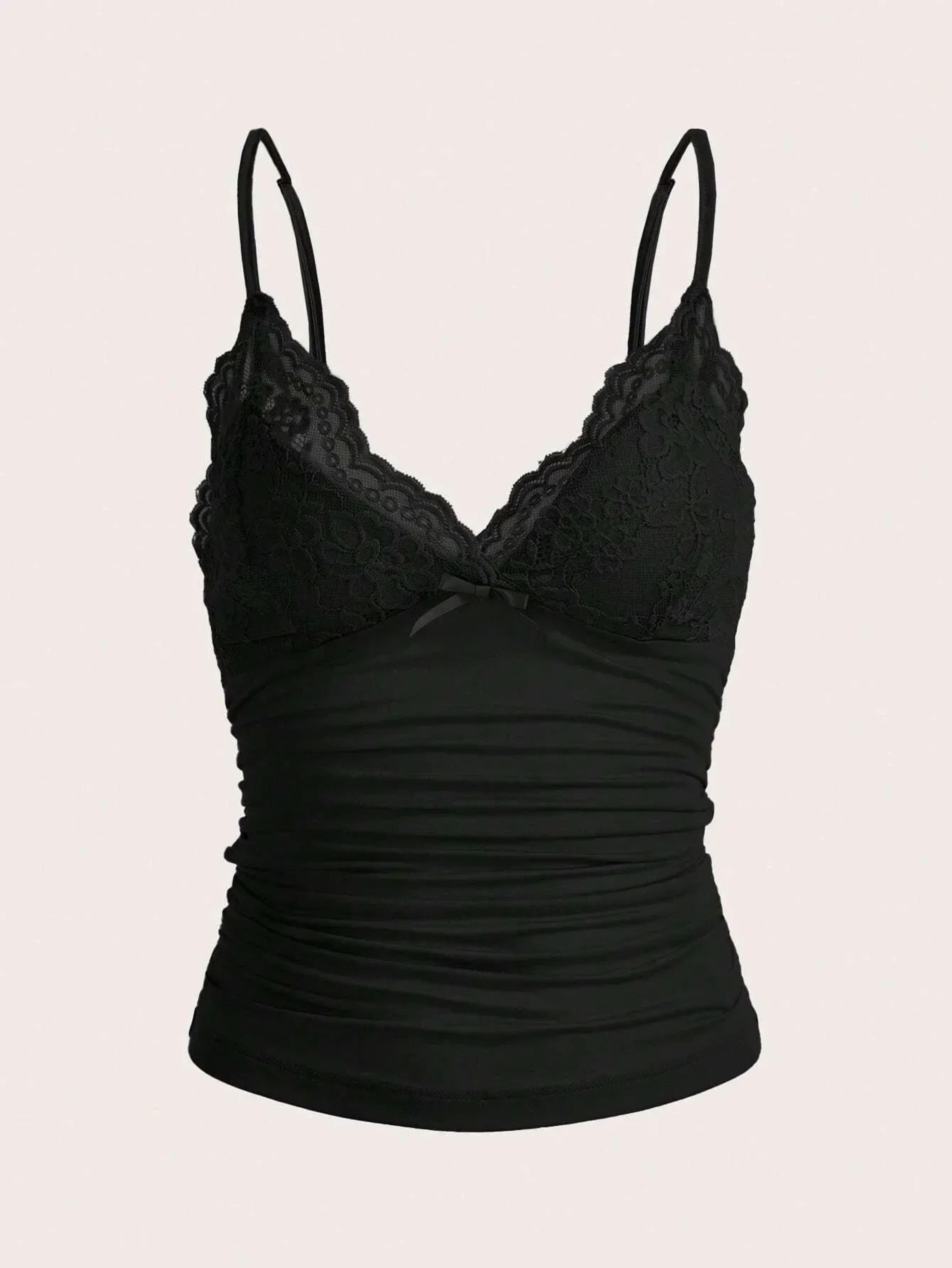 Sexy Lace Bow Front Crop Cami Top  Ruched Backless Y2K Grunge Summer Tank 6
