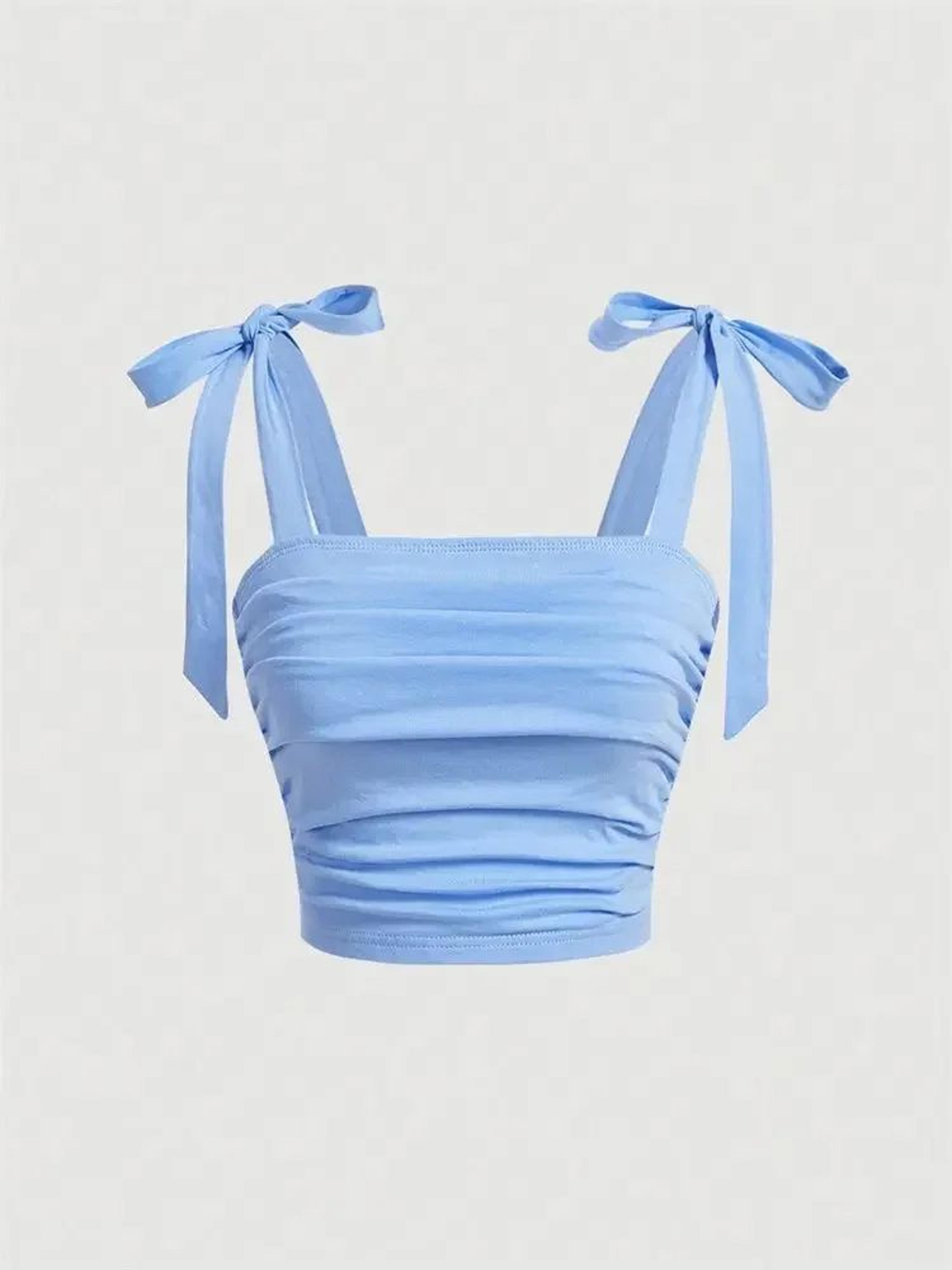 Solid Tie Shoulder Ruched Crop Cami  Y2K Backless Bow Streetwear Top 9