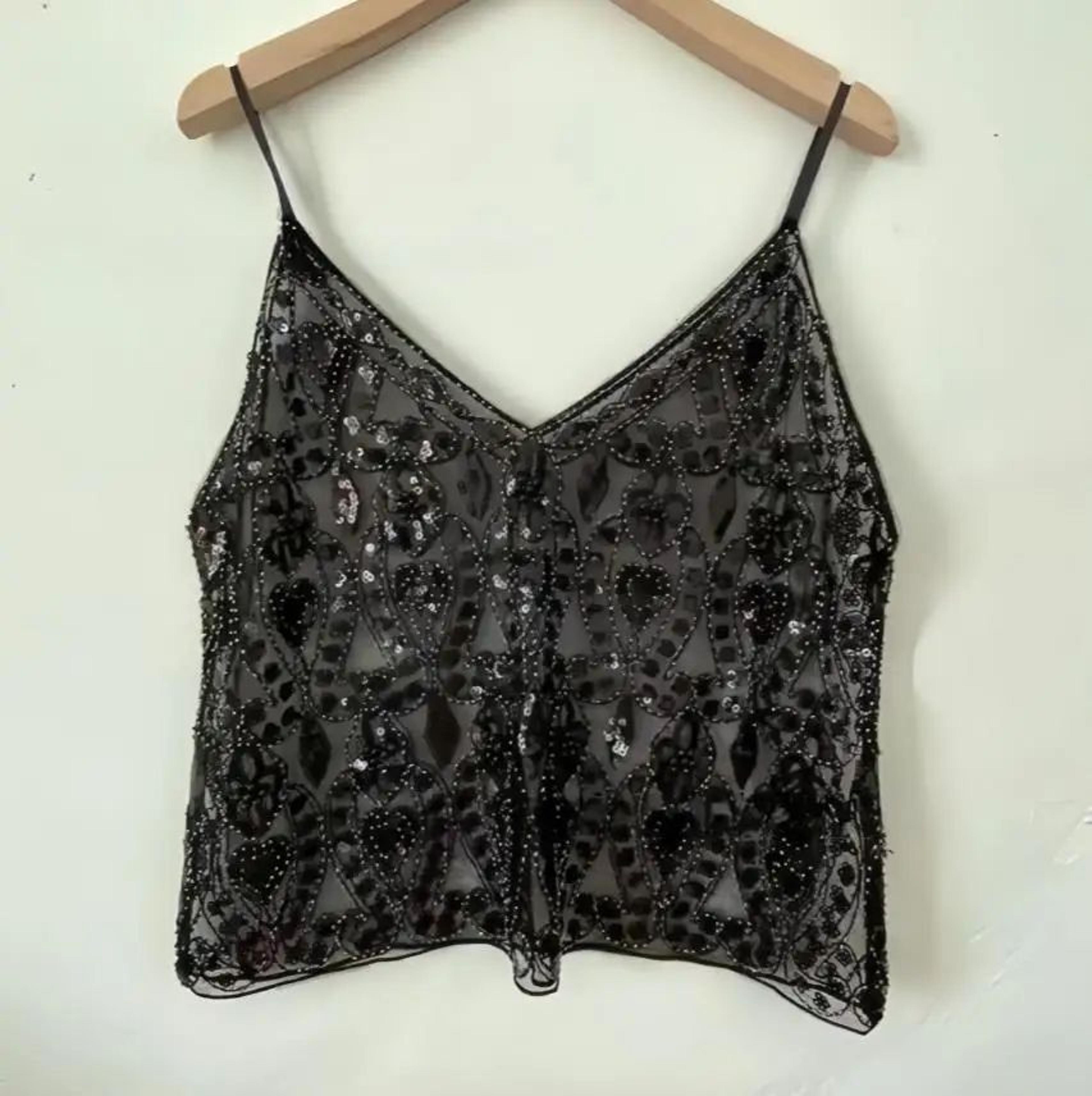 Sequin Beaded Flower OpenBack VNeck Cami  Sheer Chic Summer Vest 2