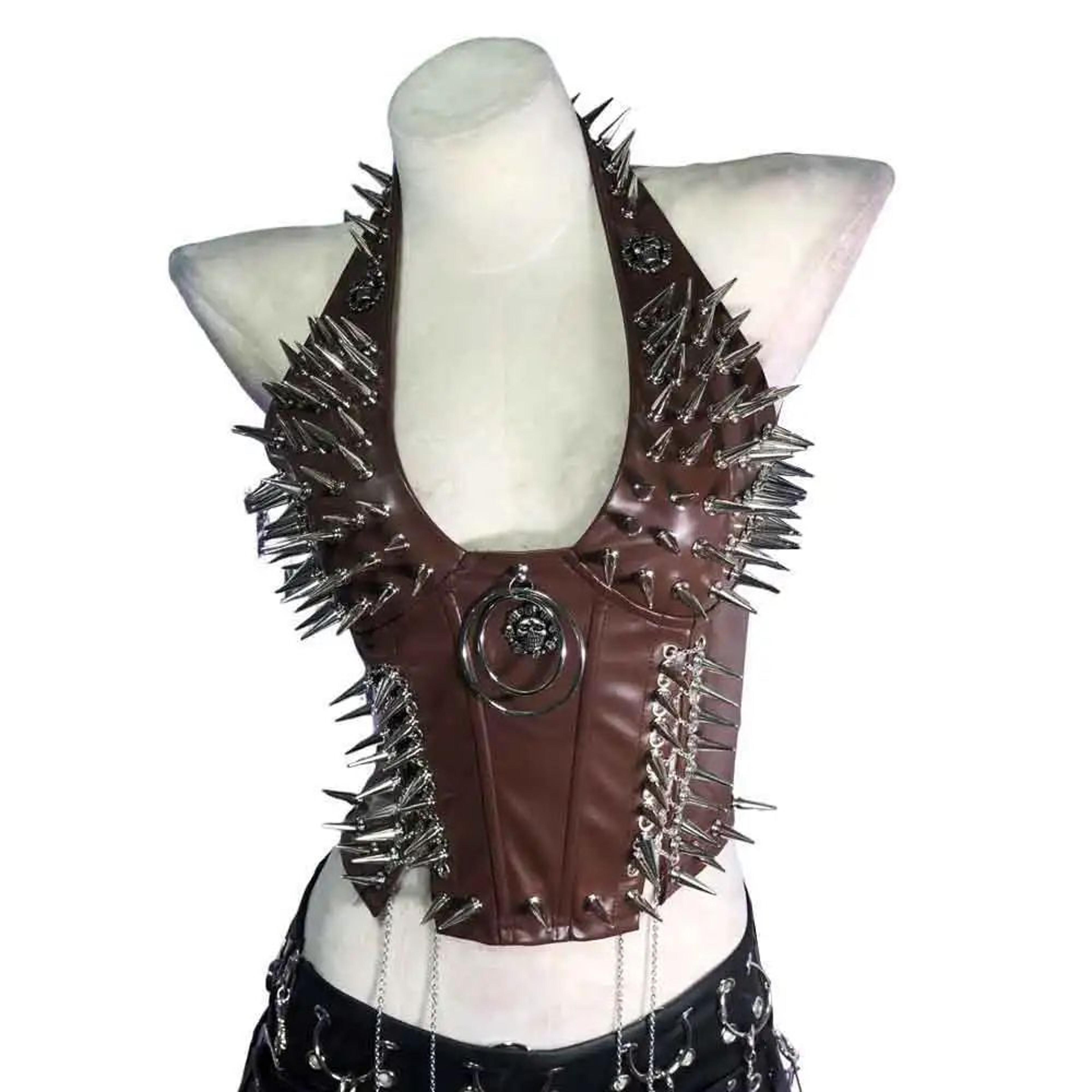 Gothic PU Leather Spike Tank Top  Rivet Y2K Cyber Punk Crop 7