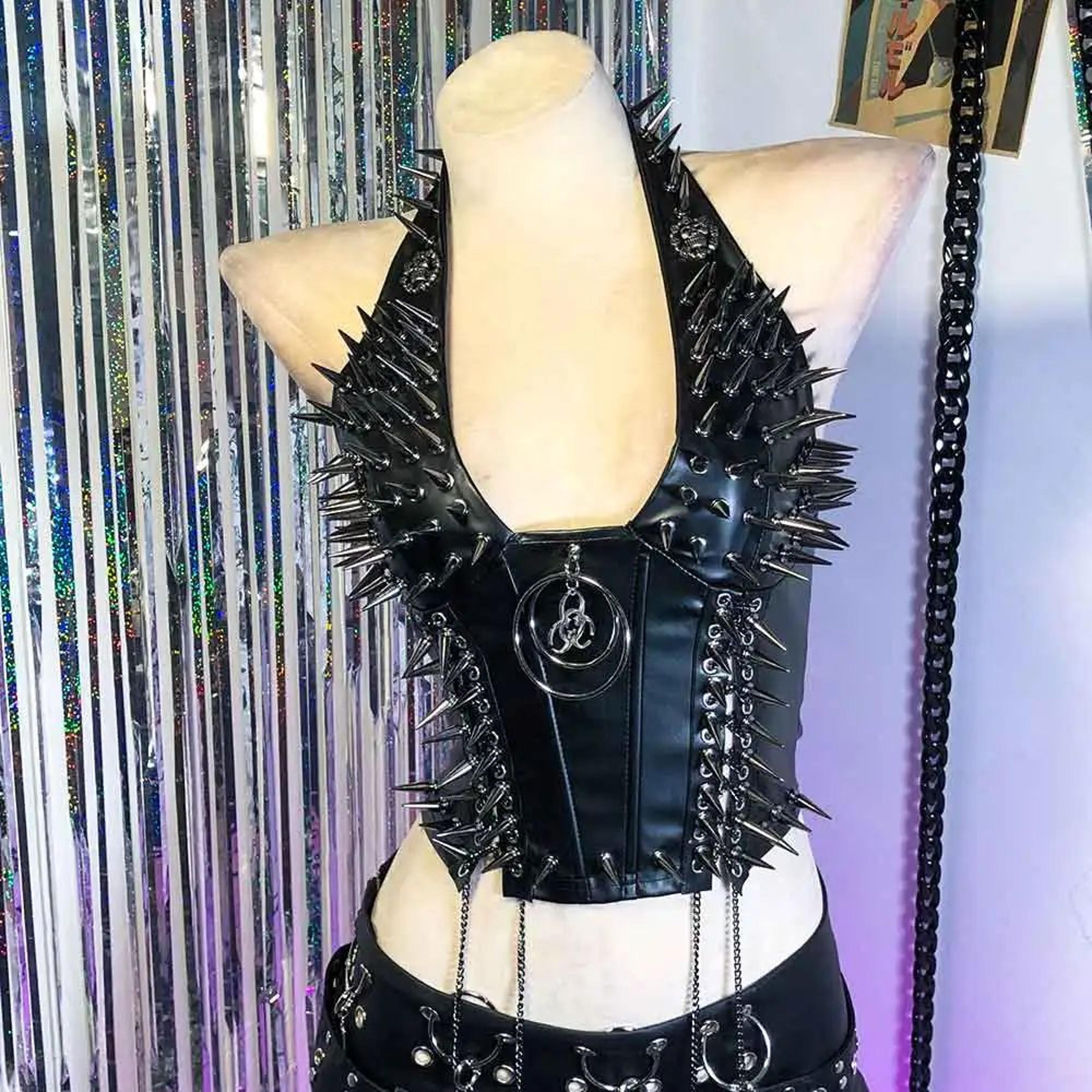 Gothic PU Leather Spike Tank Top  Rivet Y2K Cyber Punk Crop 10
