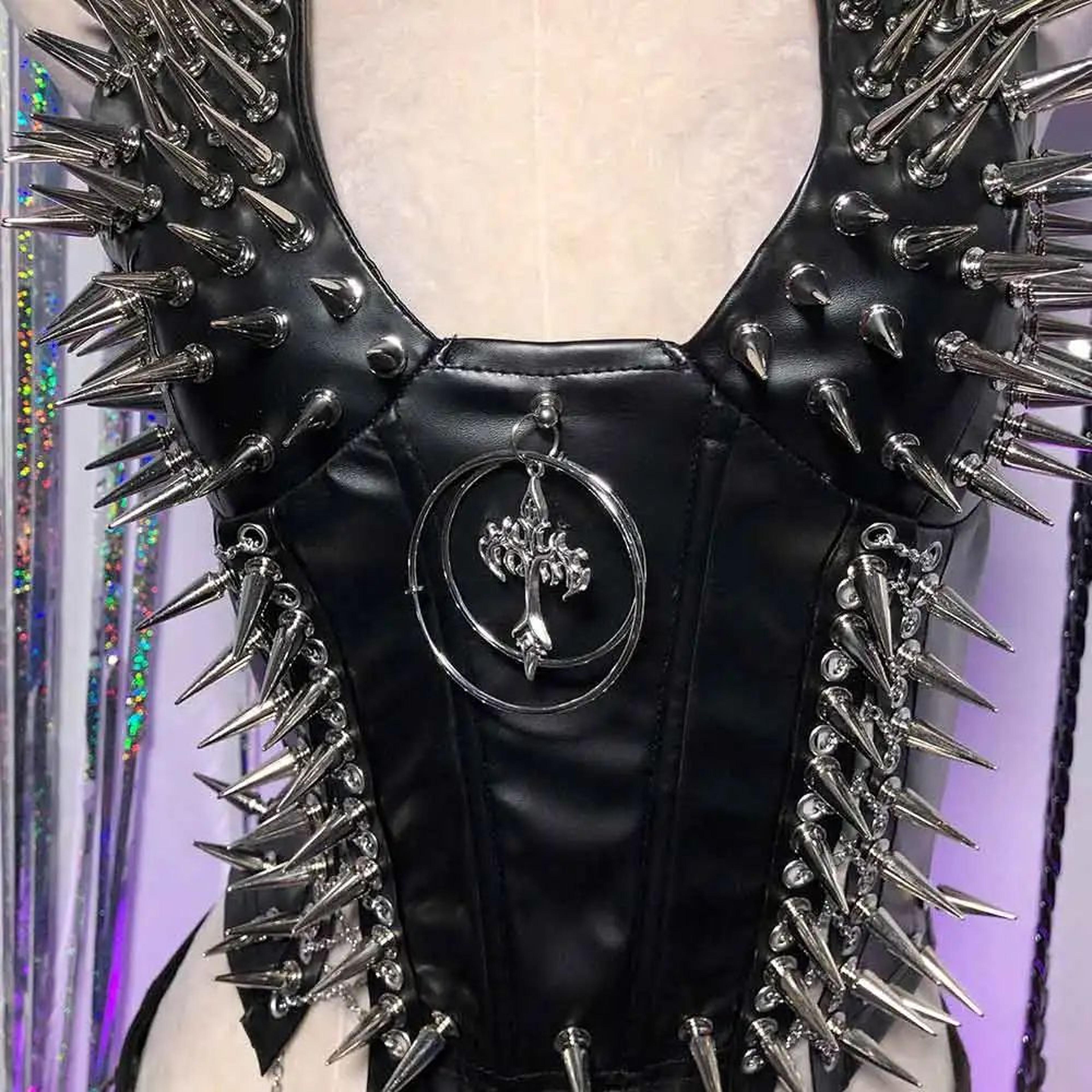 Gothic PU Leather Spike Tank Top  Rivet Y2K Cyber Punk Crop 19