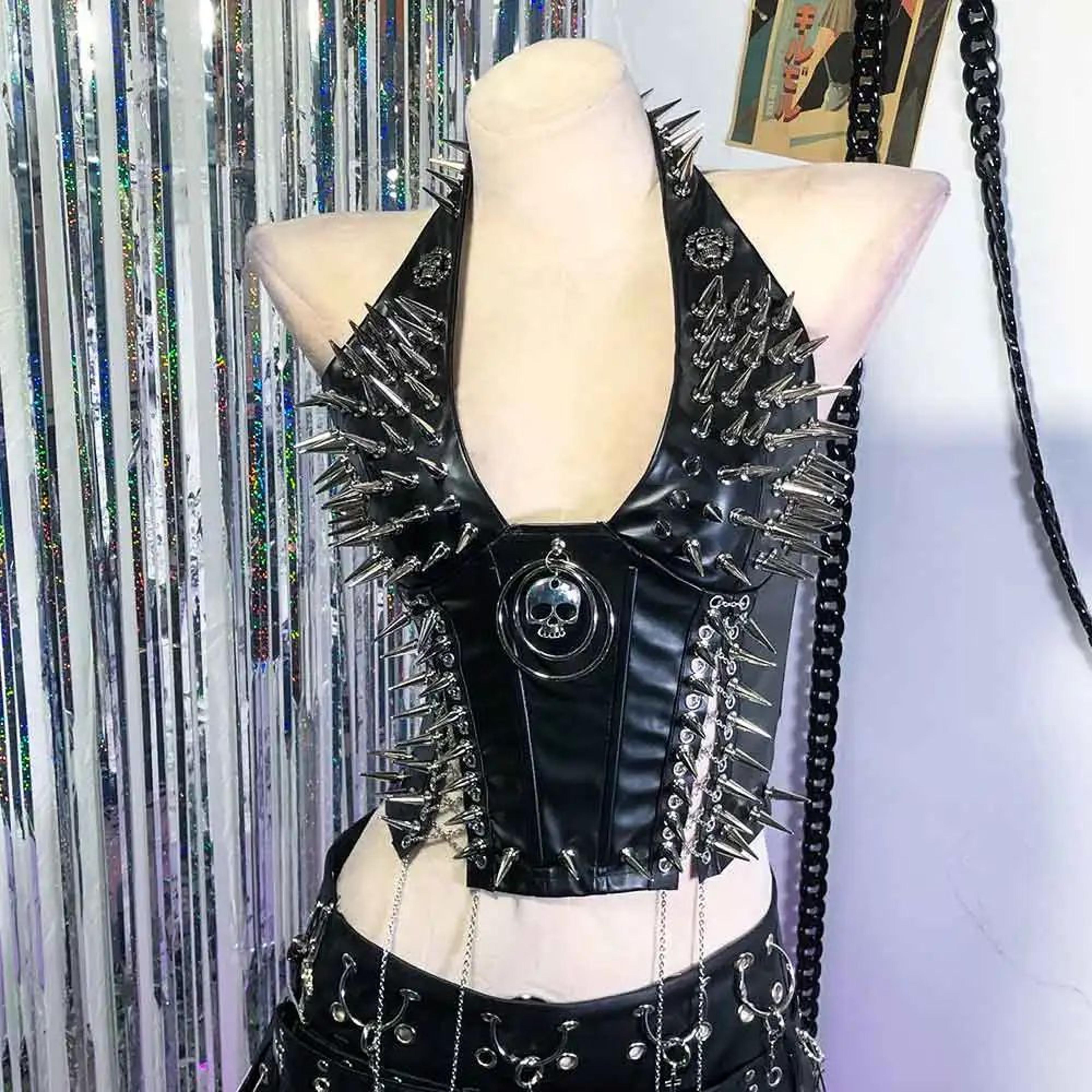 Gothic PU Leather Spike Tank Top  Rivet Y2K Cyber Punk Crop 22
