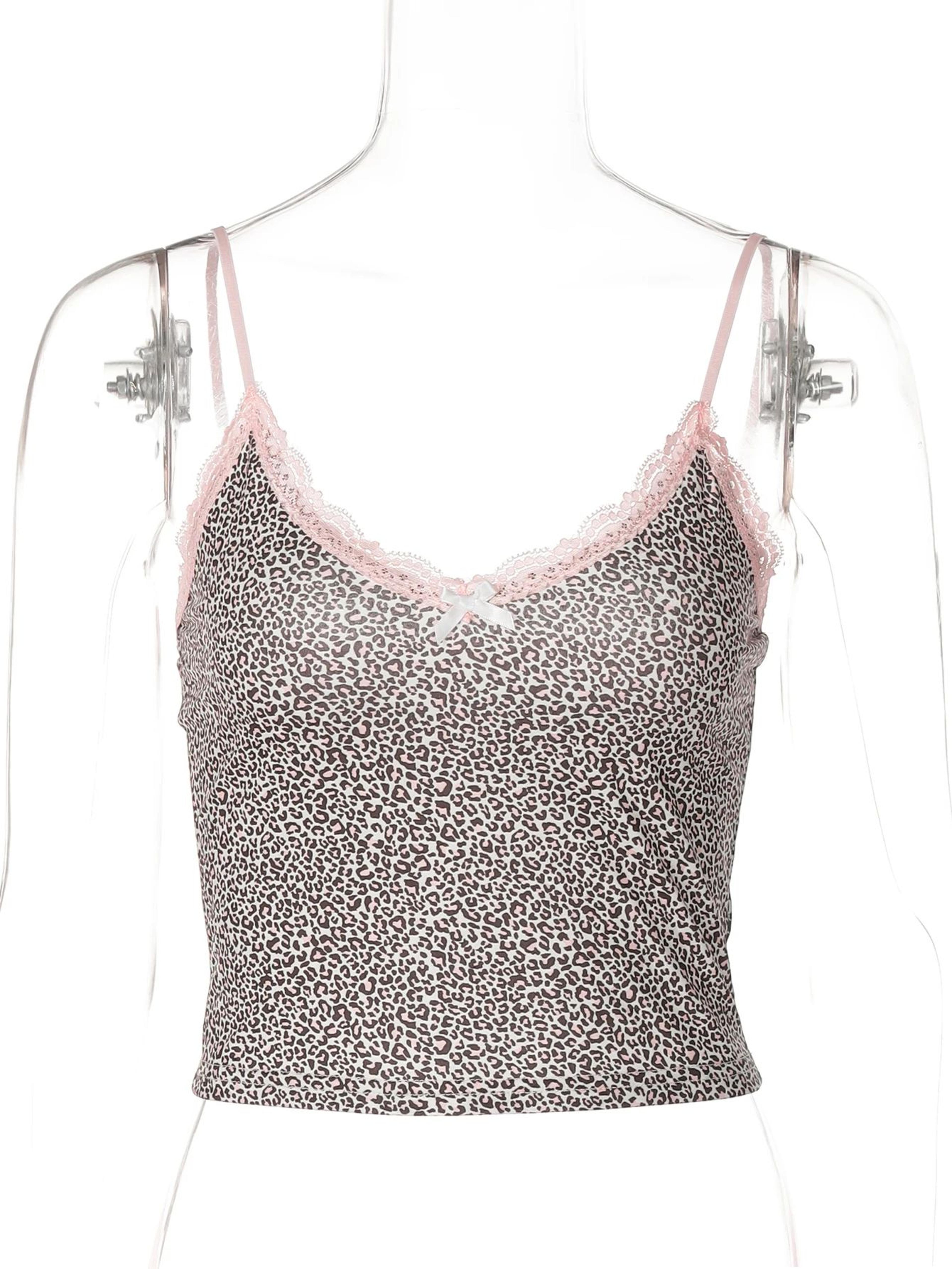 Hugcitar 2025 Leopard Print Lace Bow Y2K Slim Crop Cami Top 0