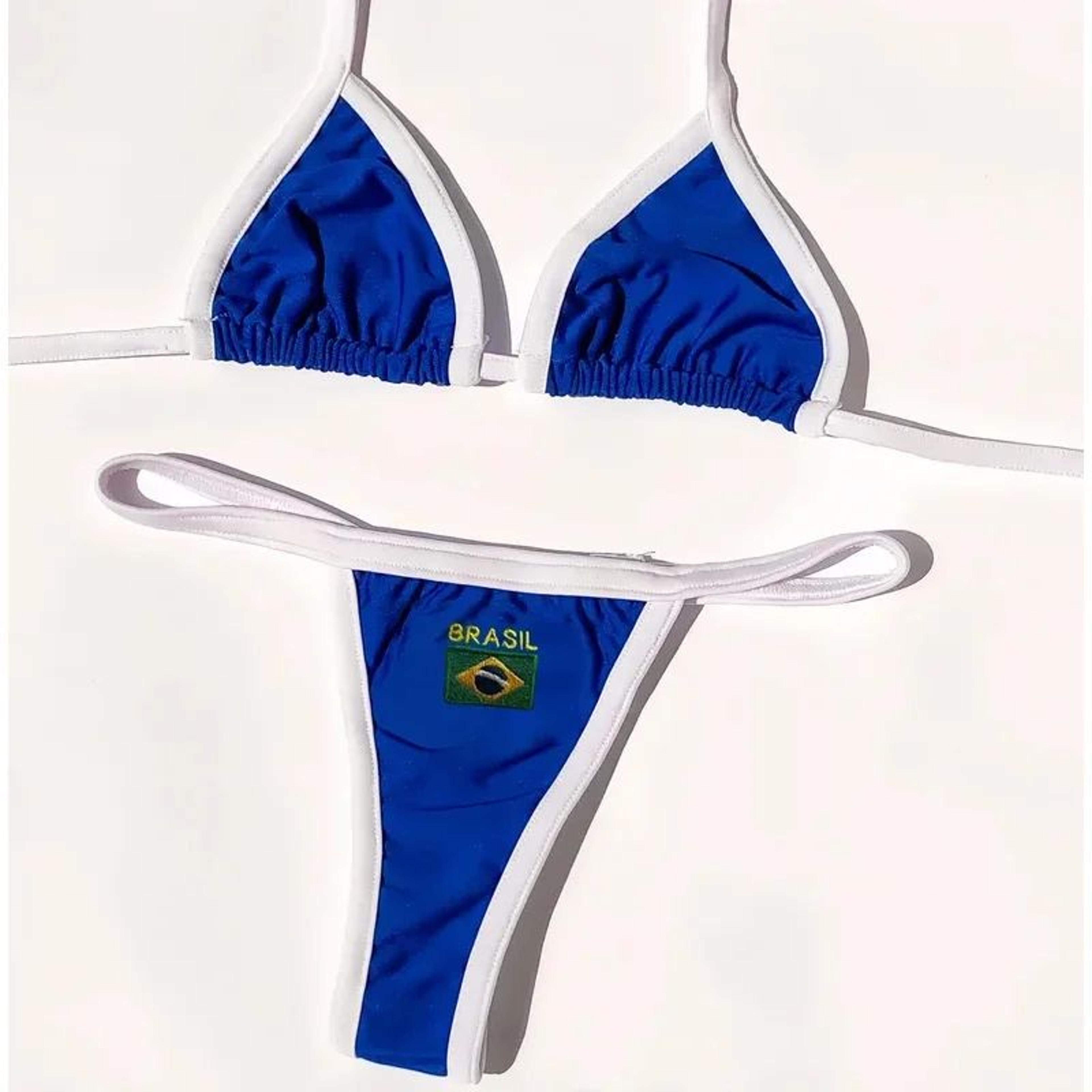 Embroidered Brazil Flag Bikini Set  Contrast Patchwork Low Waist Beach Swimsuit 5
