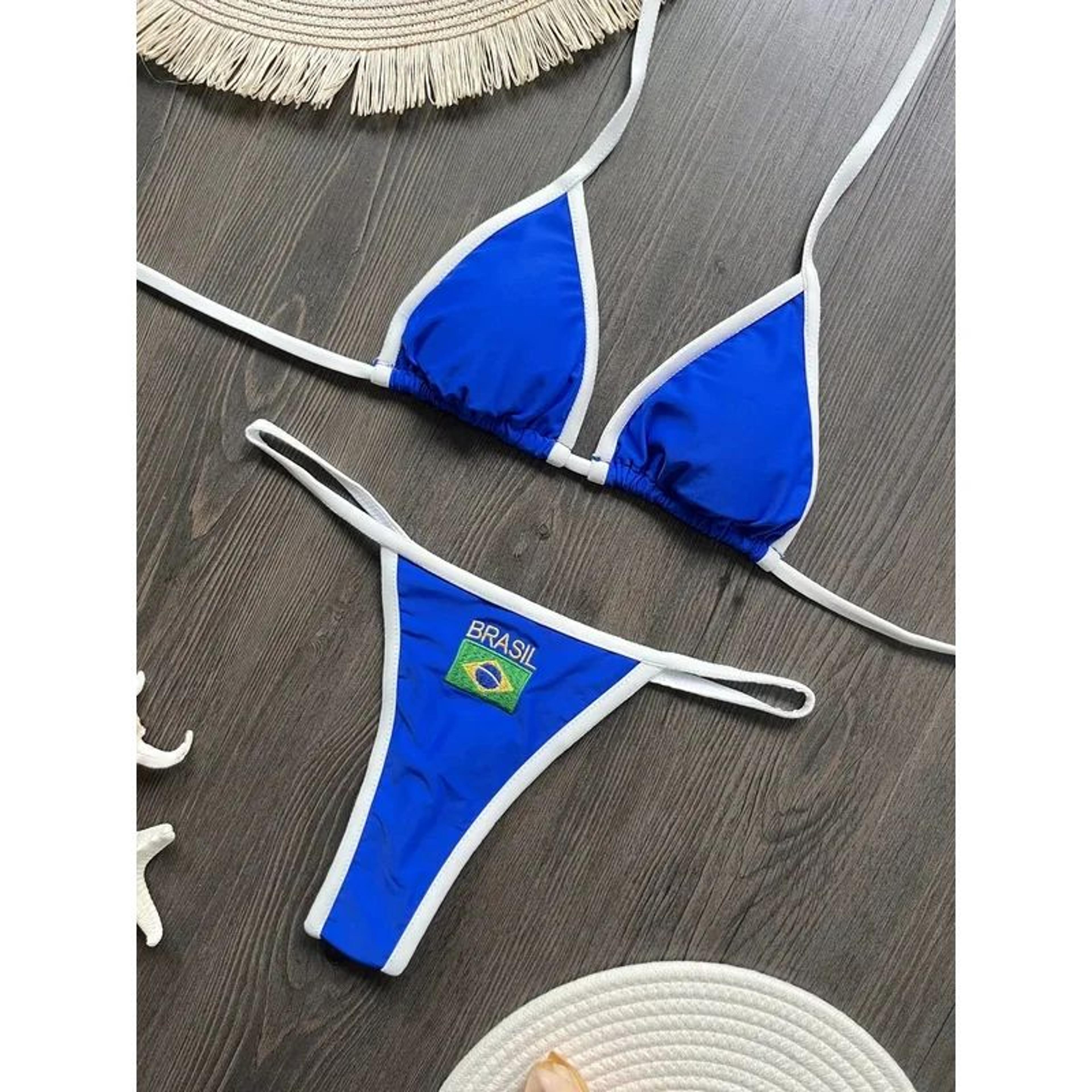 Embroidered Brazil Flag Bikini Set  Contrast Patchwork Low Waist Beach Swimsuit 7