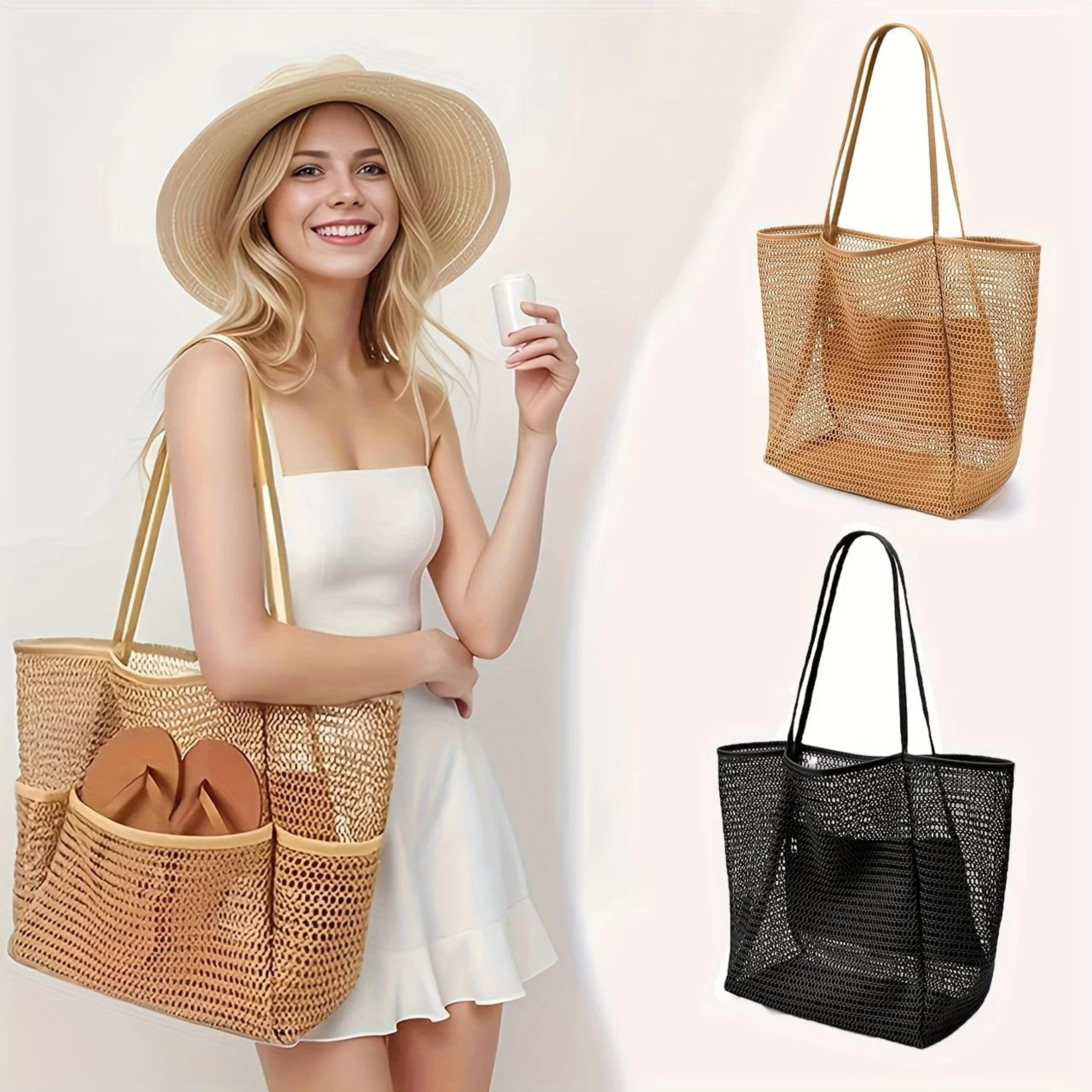 women's large capacity beach tote bag – durable polyester woven open-top travel & shopping shoulder bag