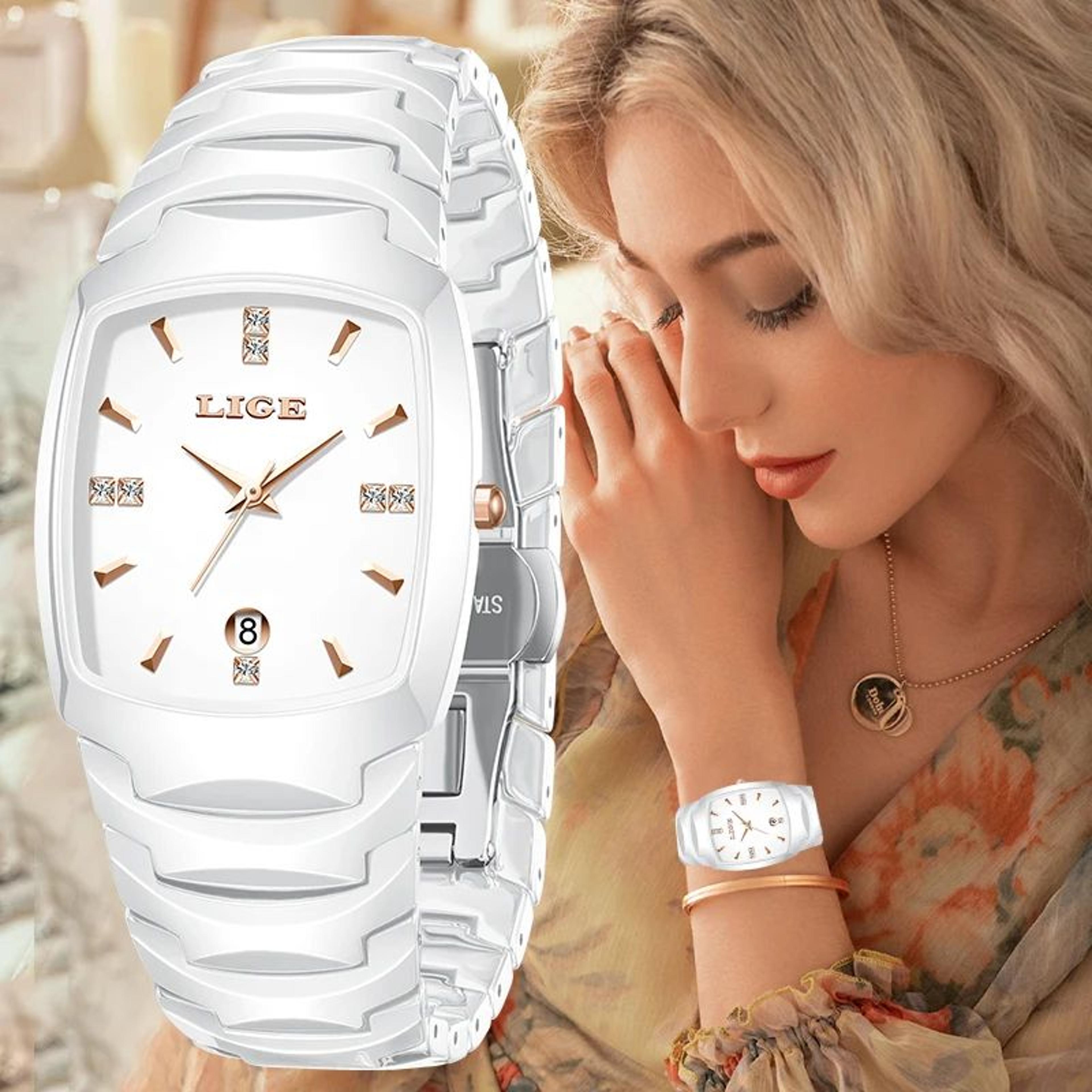 lige elegant square women's quartz watch – luxury ceramic stainless calendar ladies wristwatch