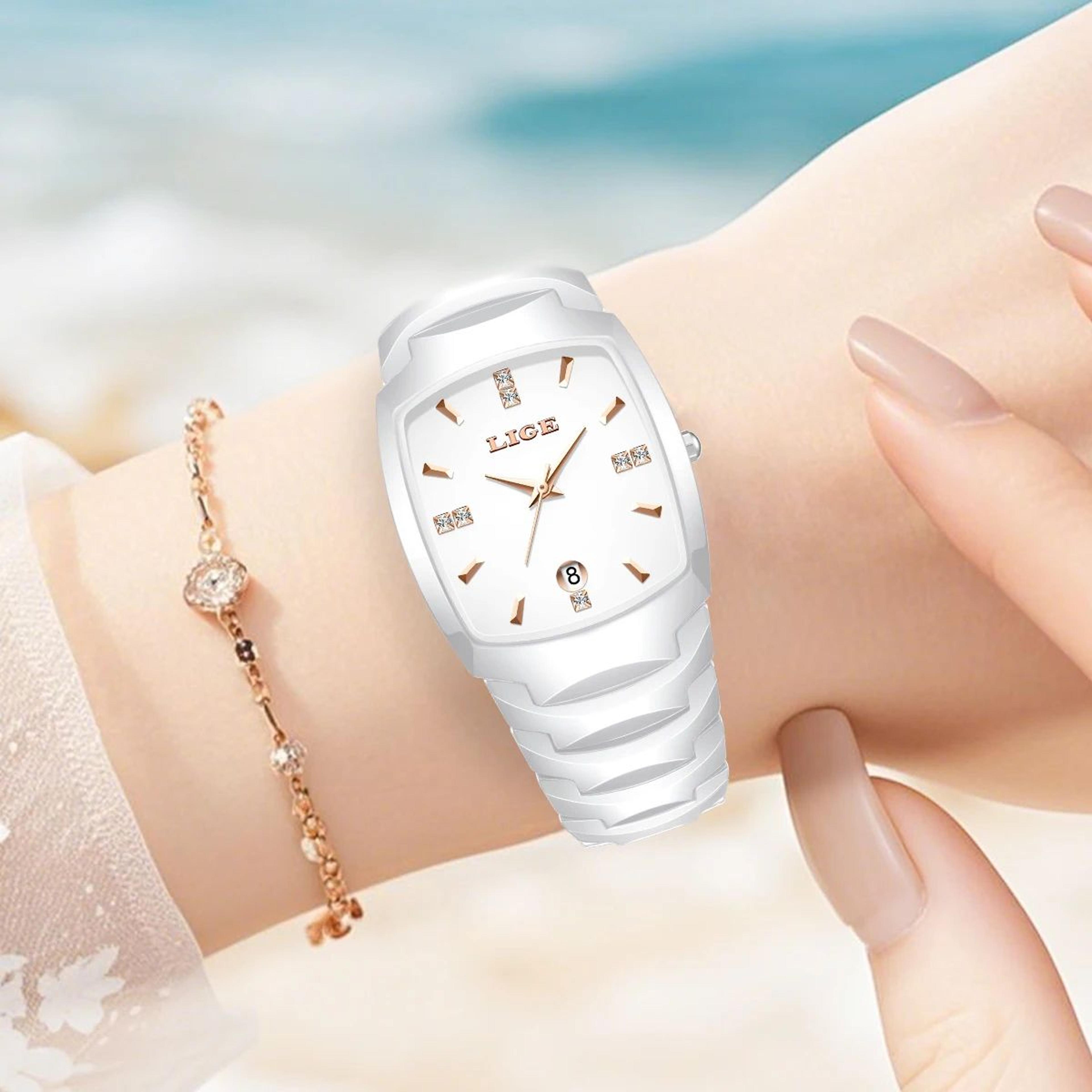 LIGE Elegant Square Womens Quartz Watch  Luxury Ceramic Stainless Calendar Ladies Wristwatch 4