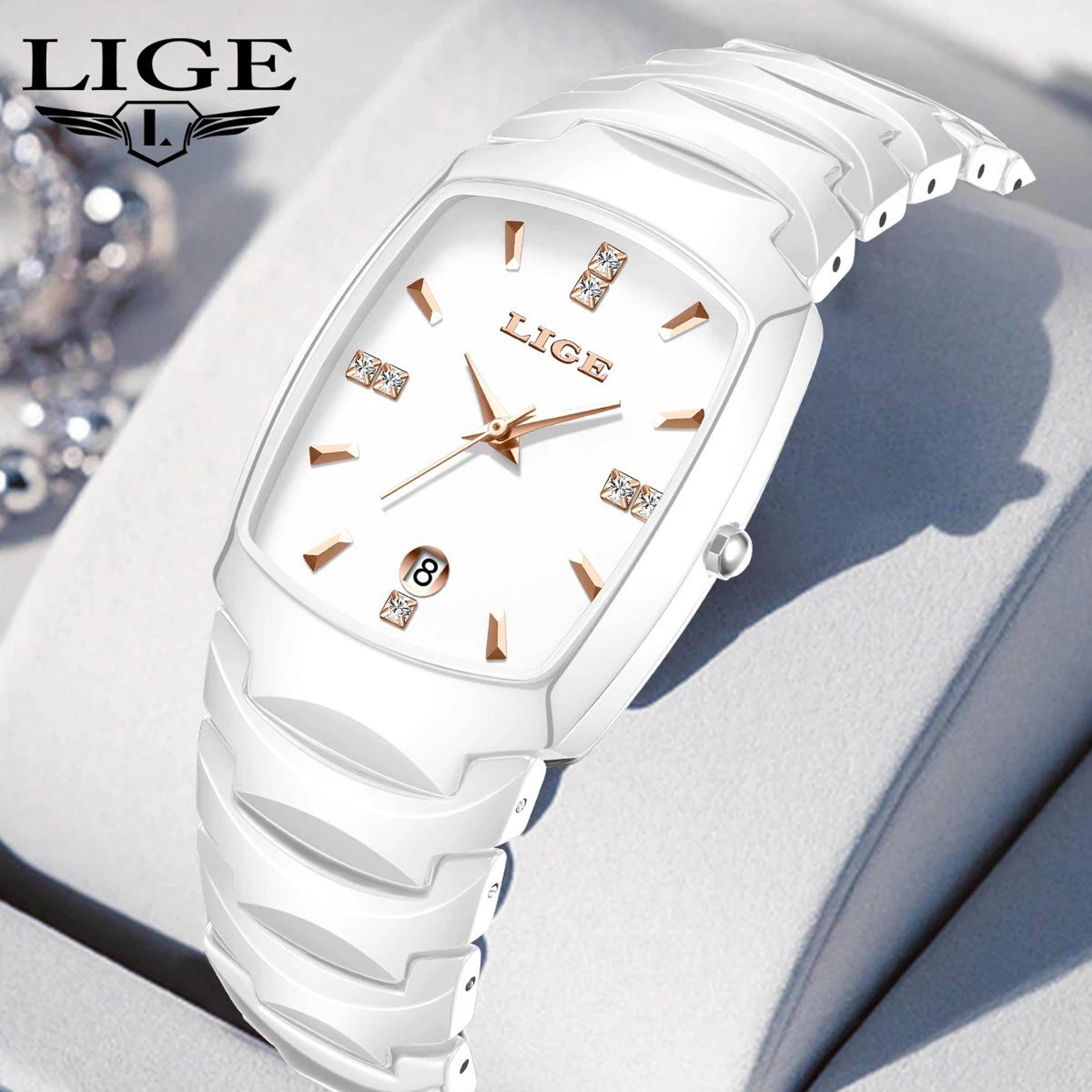 LIGE Elegant Square Womens Quartz Watch  Luxury Ceramic Stainless Calendar Ladies Wristwatch 5