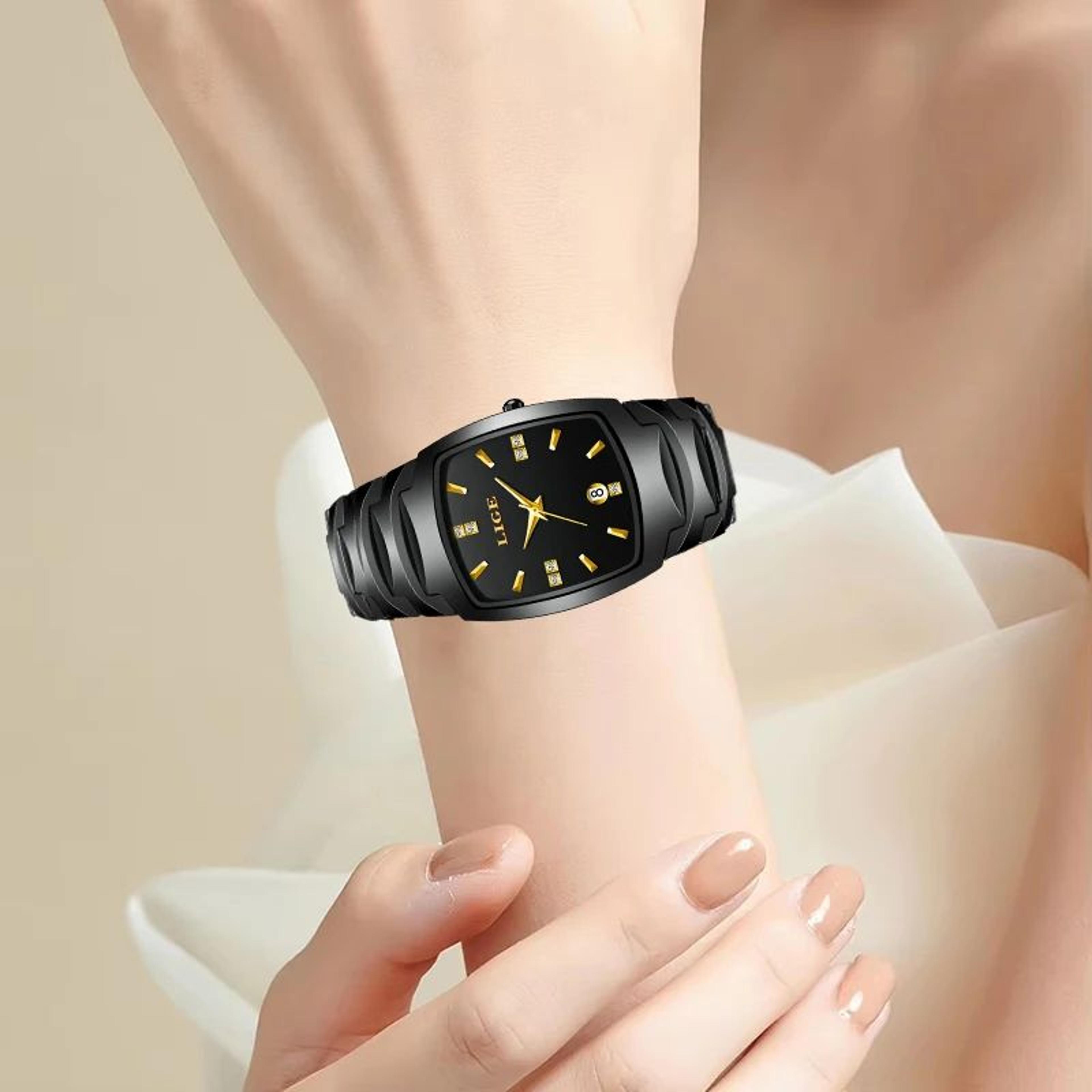 LIGE Elegant Square Womens Quartz Watch  Luxury Ceramic Stainless Calendar Ladies Wristwatch 6