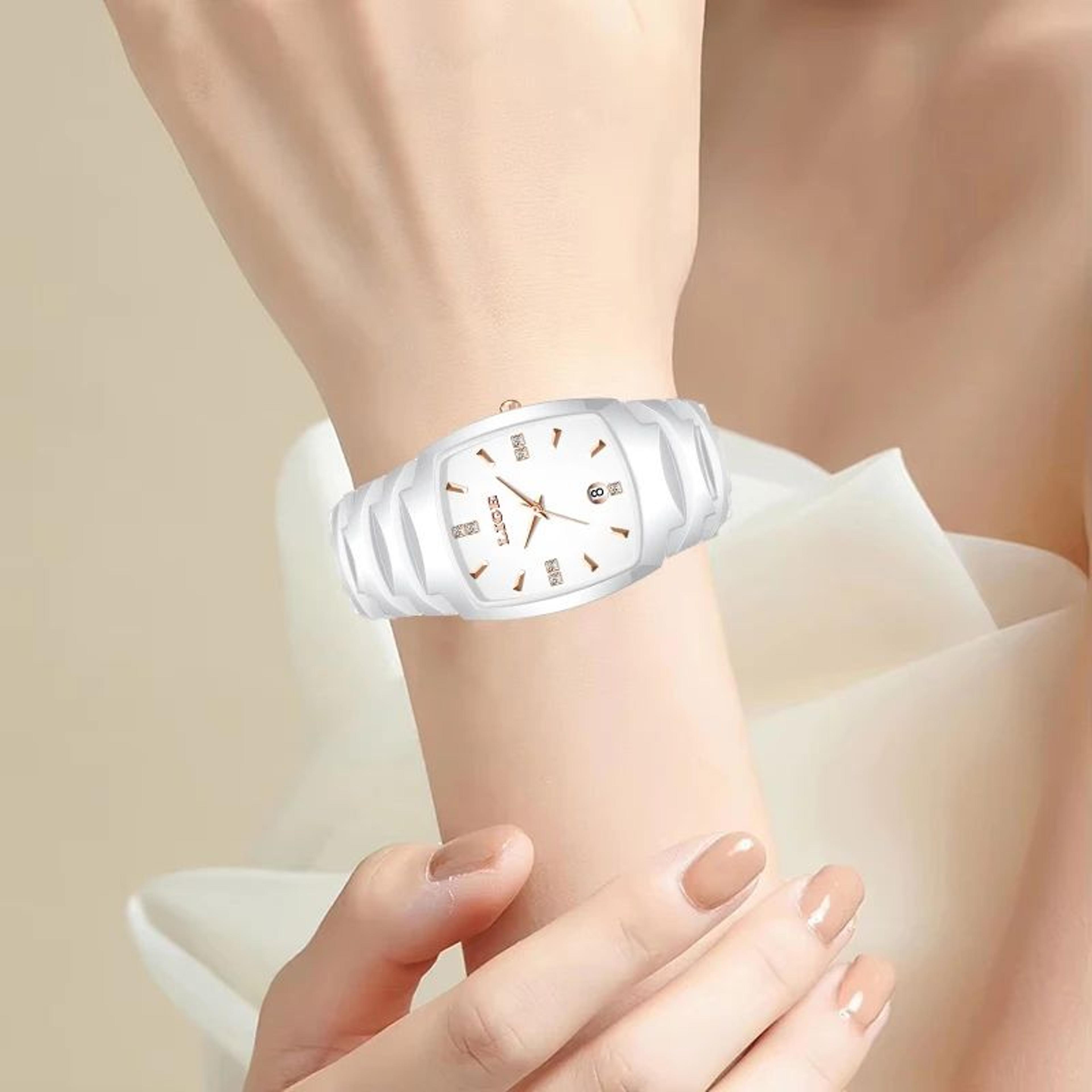 LIGE Elegant Square Womens Quartz Watch  Luxury Ceramic Stainless Calendar Ladies Wristwatch 9