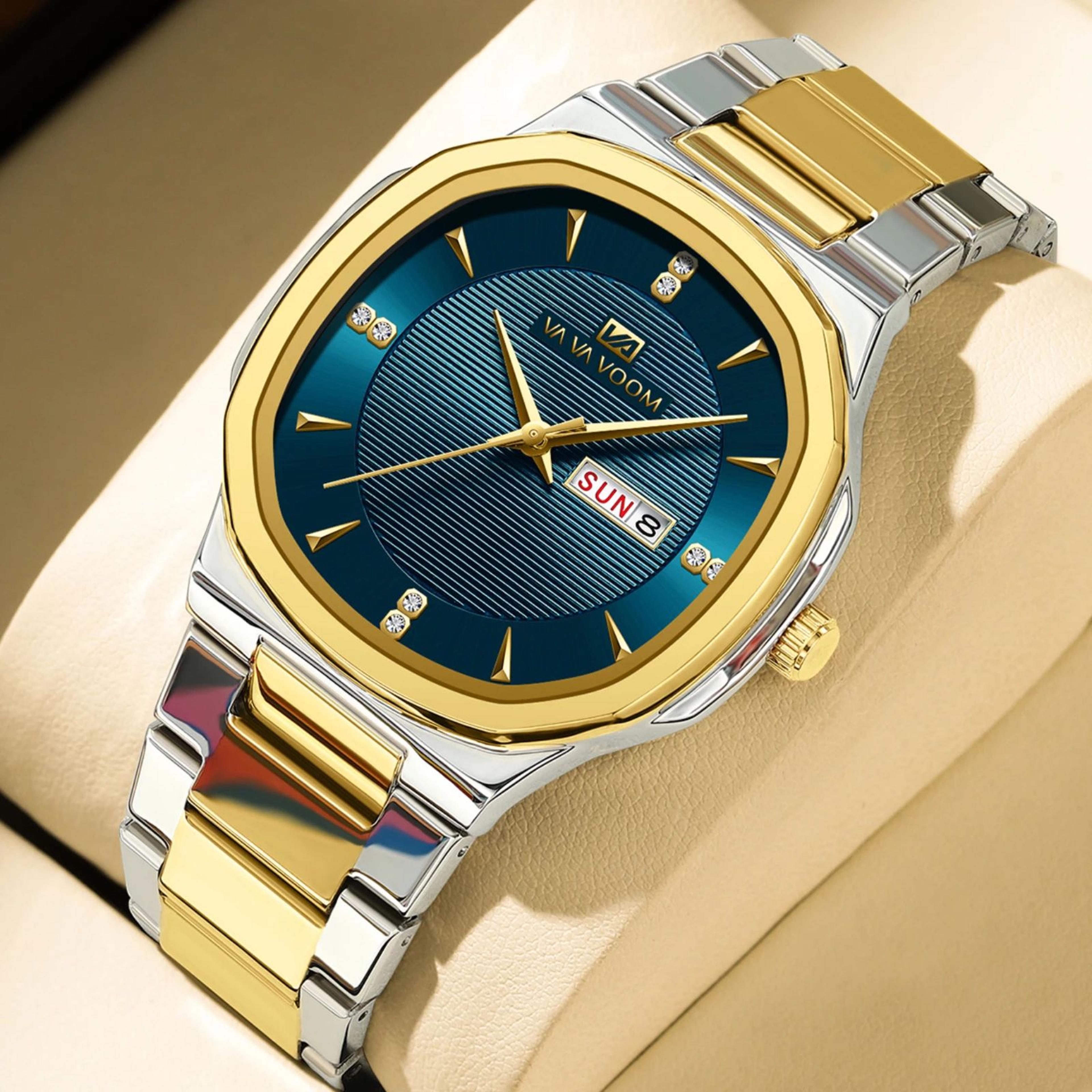 VA VA VOOM Gold Rhinestone Mens Luxury Watch  41MM Stainless Steel Waterproof Quartz Business Timep 6