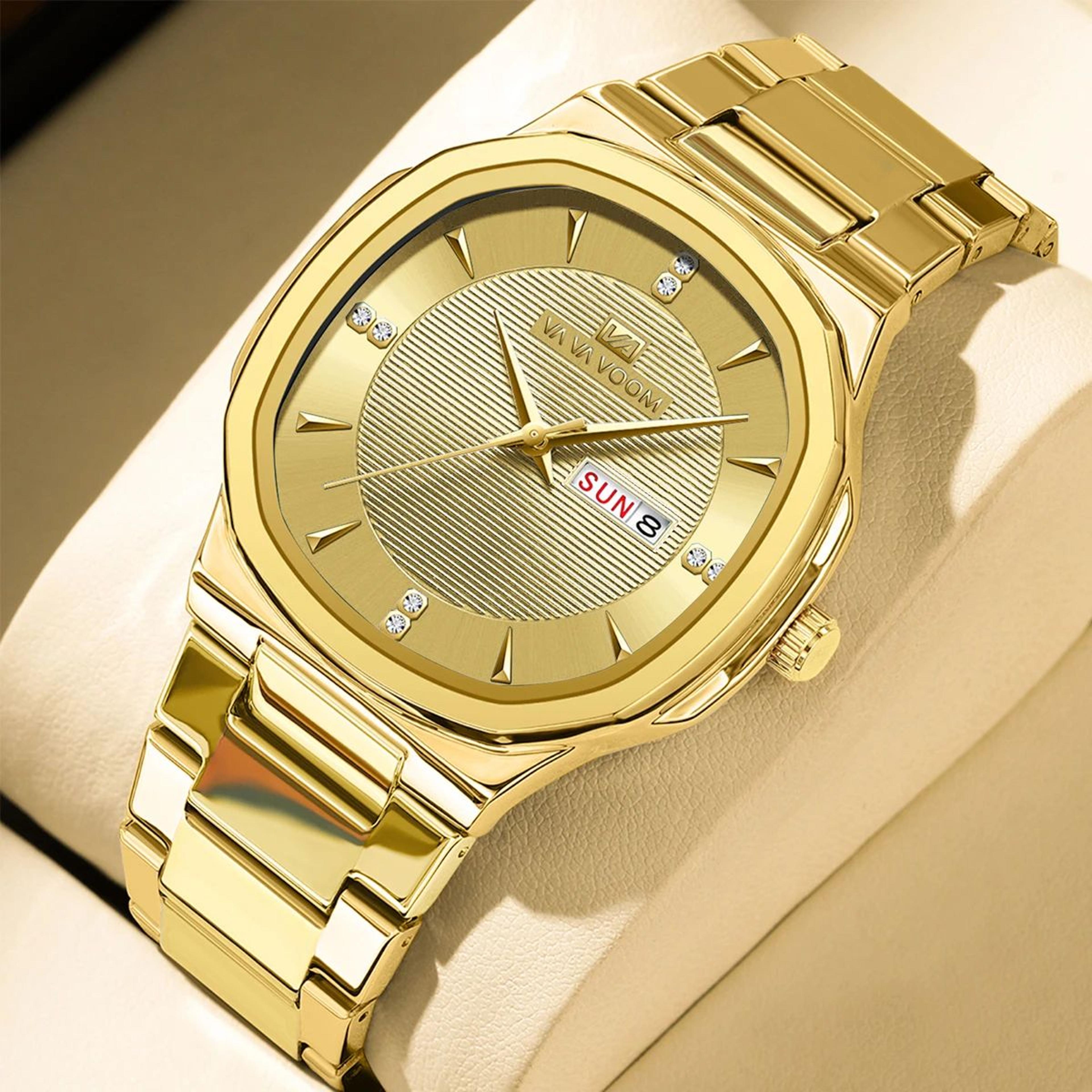 VA VA VOOM Gold Rhinestone Mens Luxury Watch  41MM Stainless Steel Waterproof Quartz Business Timep 9