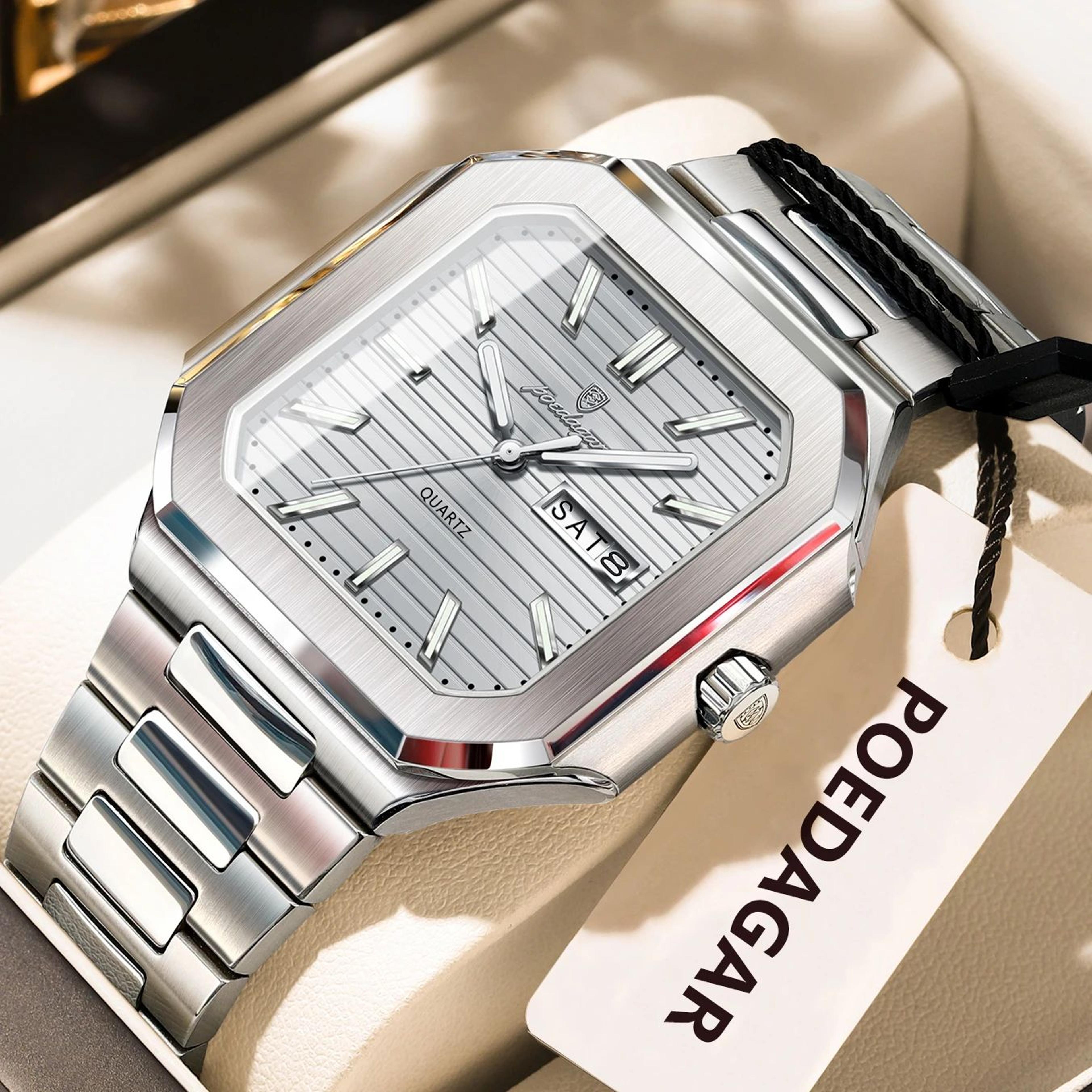 POEDAGAR Luxury Square Waterproof Mens Quartz Watch With Luminous Date  Week 16