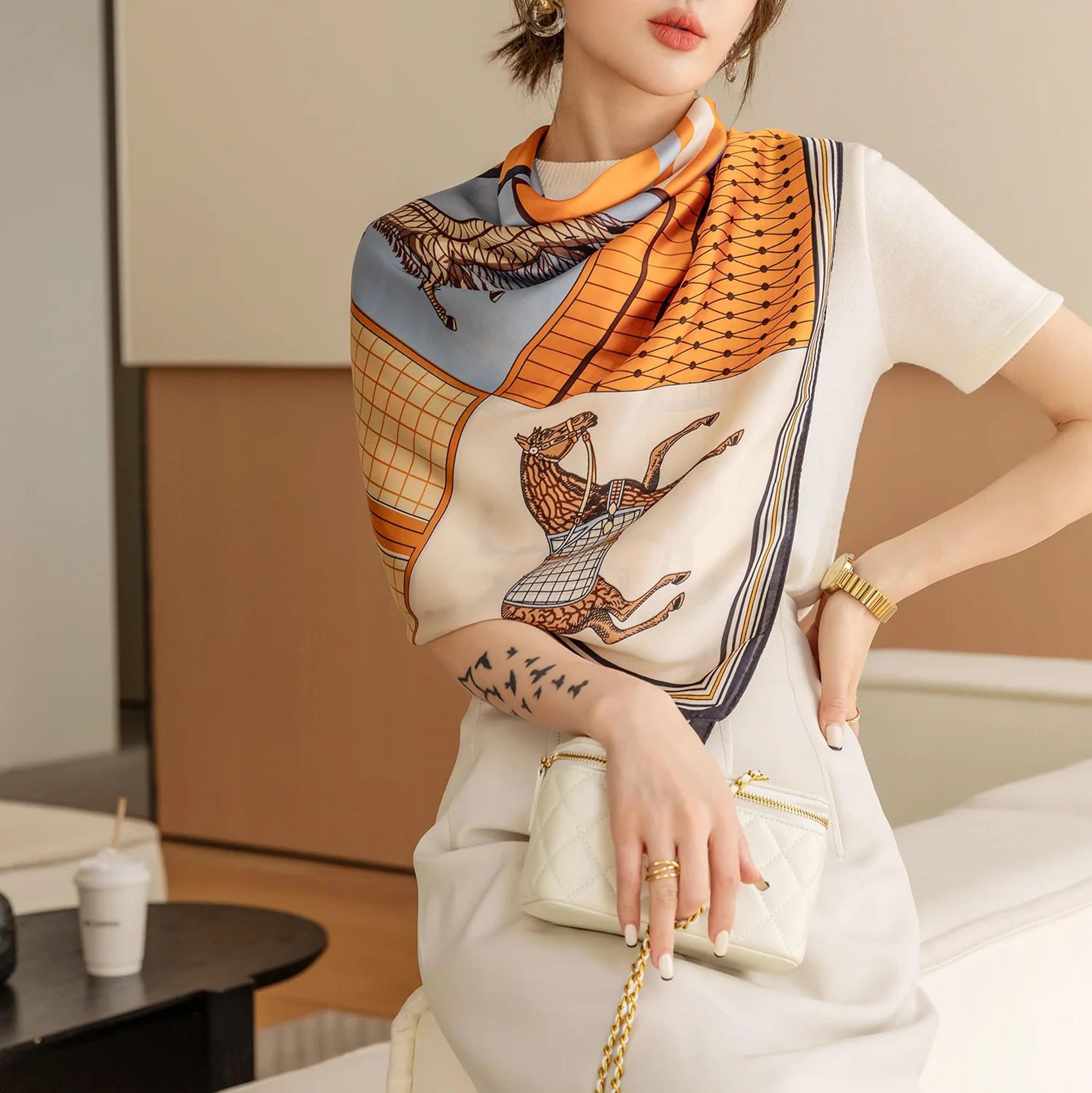 Luxury Horse Print Square Scarf For Women  Vintage SilkLike Animal Shawl Head Wrap 3