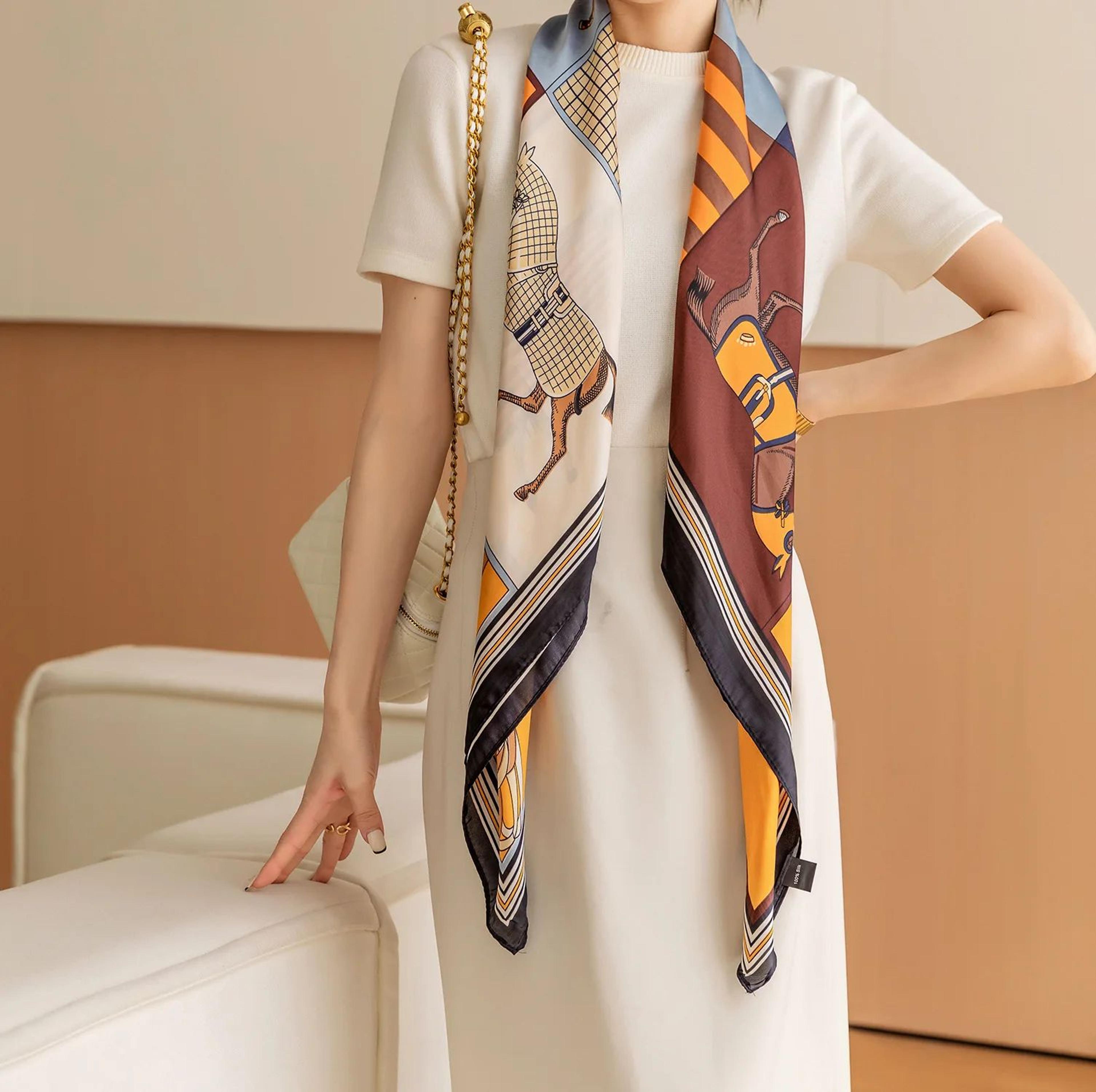 Luxury Horse Print Square Scarf For Women  Vintage SilkLike Animal Shawl Head Wrap 4