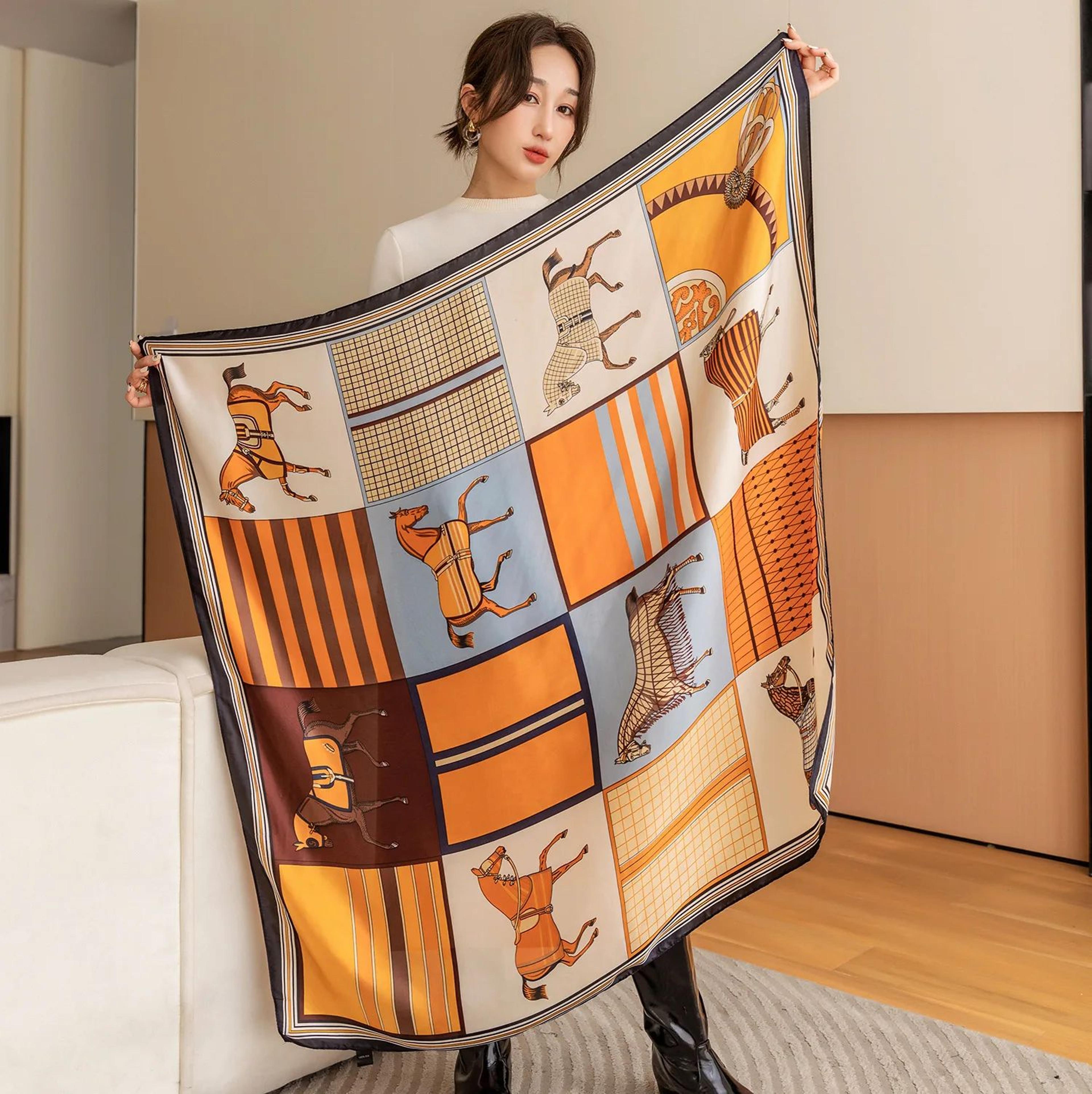 Luxury Horse Print Square Scarf For Women  Vintage SilkLike Animal Shawl Head Wrap 5