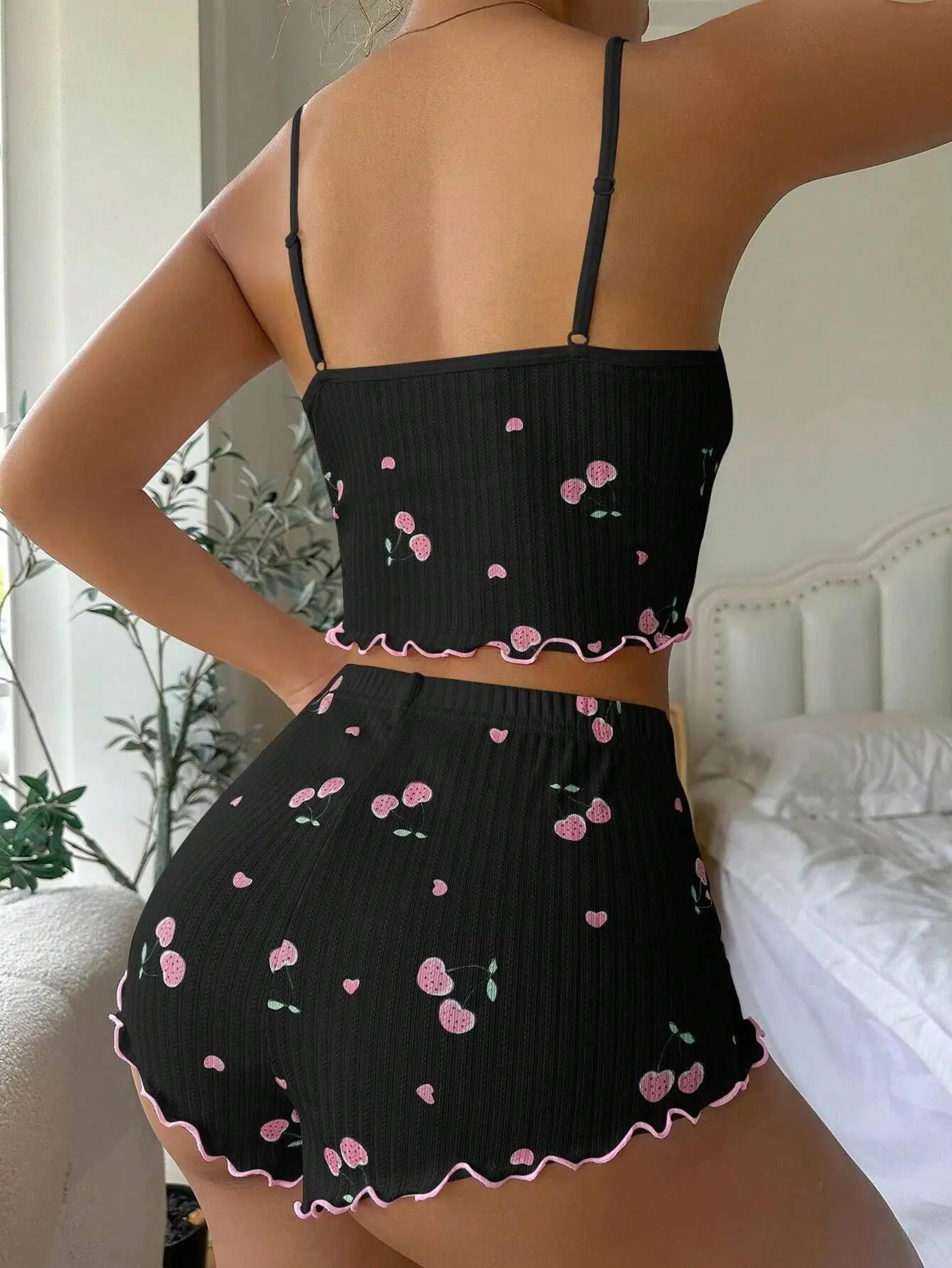 Heart Print Ribbed Backless Pajama Set For Women  Sexy Bow Detail Crop Cami  Shorts Summer Sleepwea 1