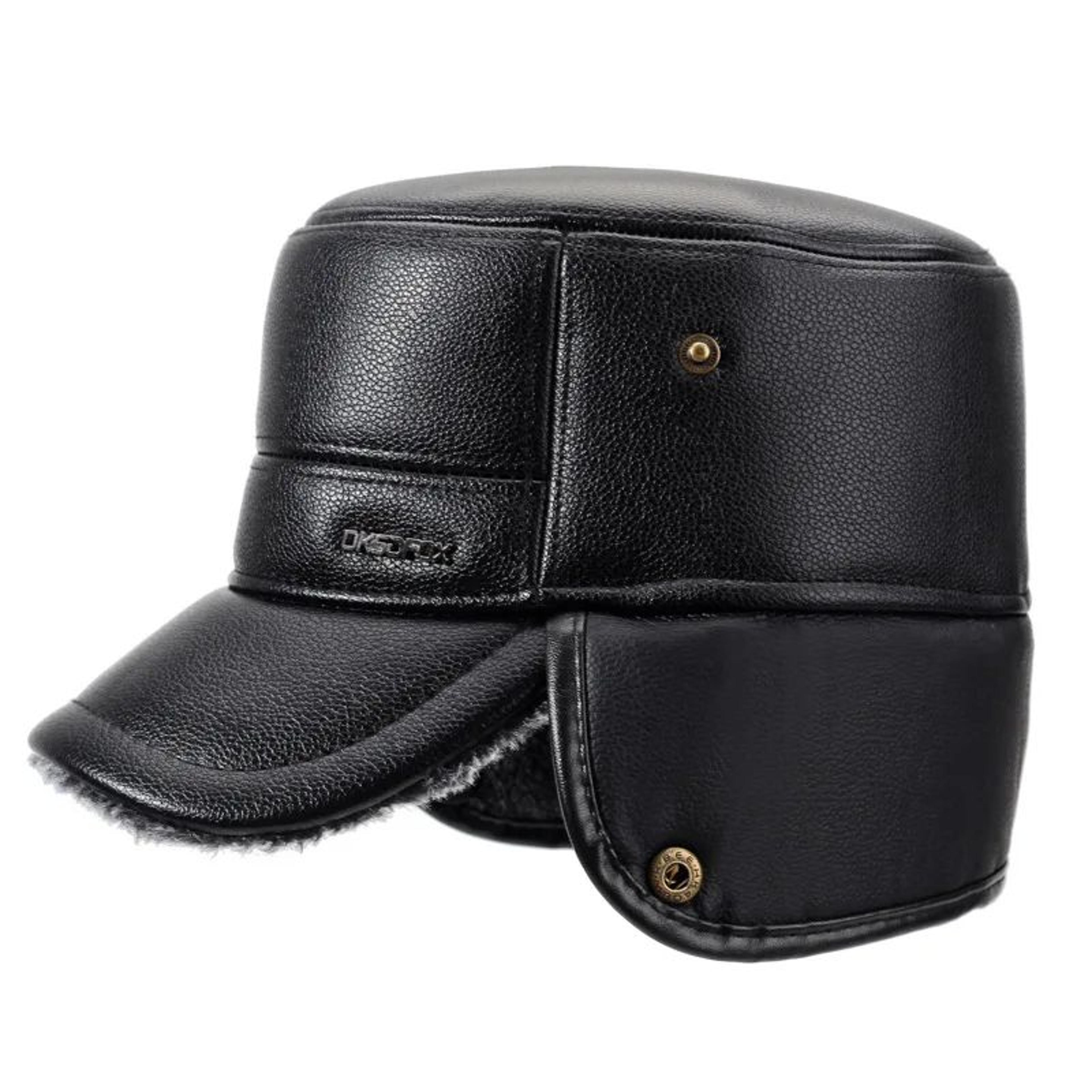 Mens Leather Flat Top Baseball Cap  Warm FleeceLined Winter Ear Protection Hat 1