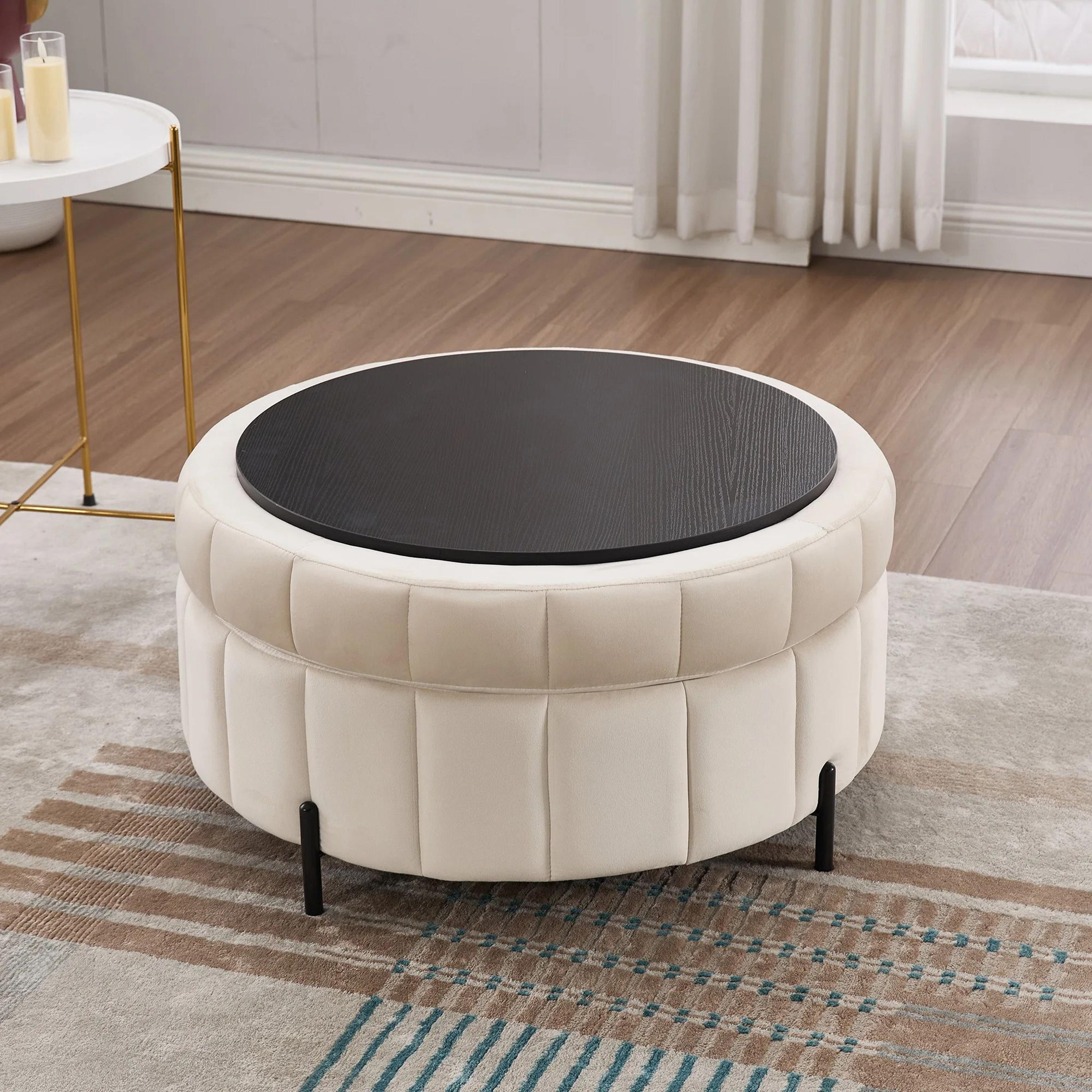 Wavesloop Velvet Pumpkin Round Storage Ottoman  Channel Tufted Upholstered Stool With Reversible Li 1