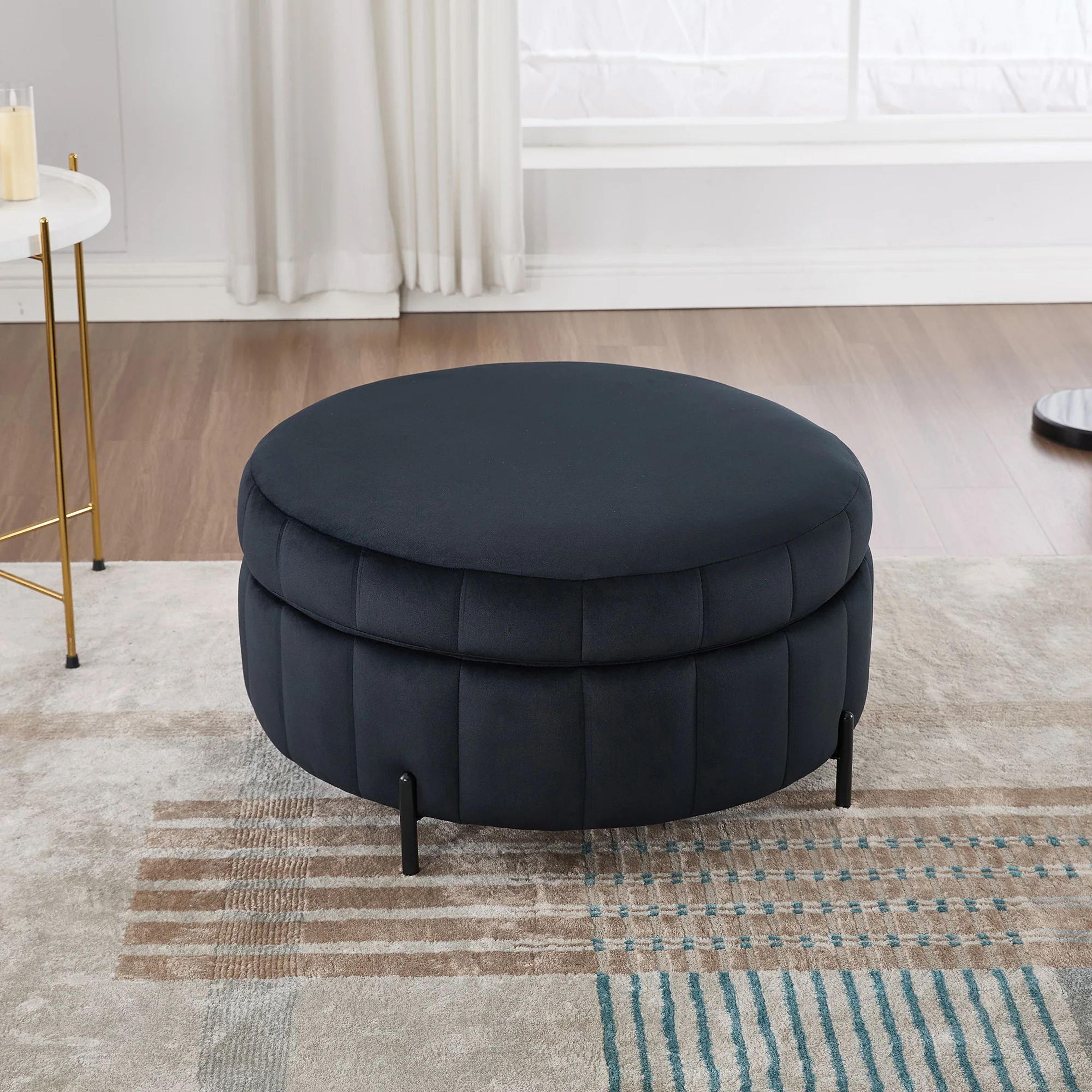 Wavesloop Velvet Pumpkin Round Storage Ottoman  Channel Tufted Upholstered Stool With Reversible Li 9