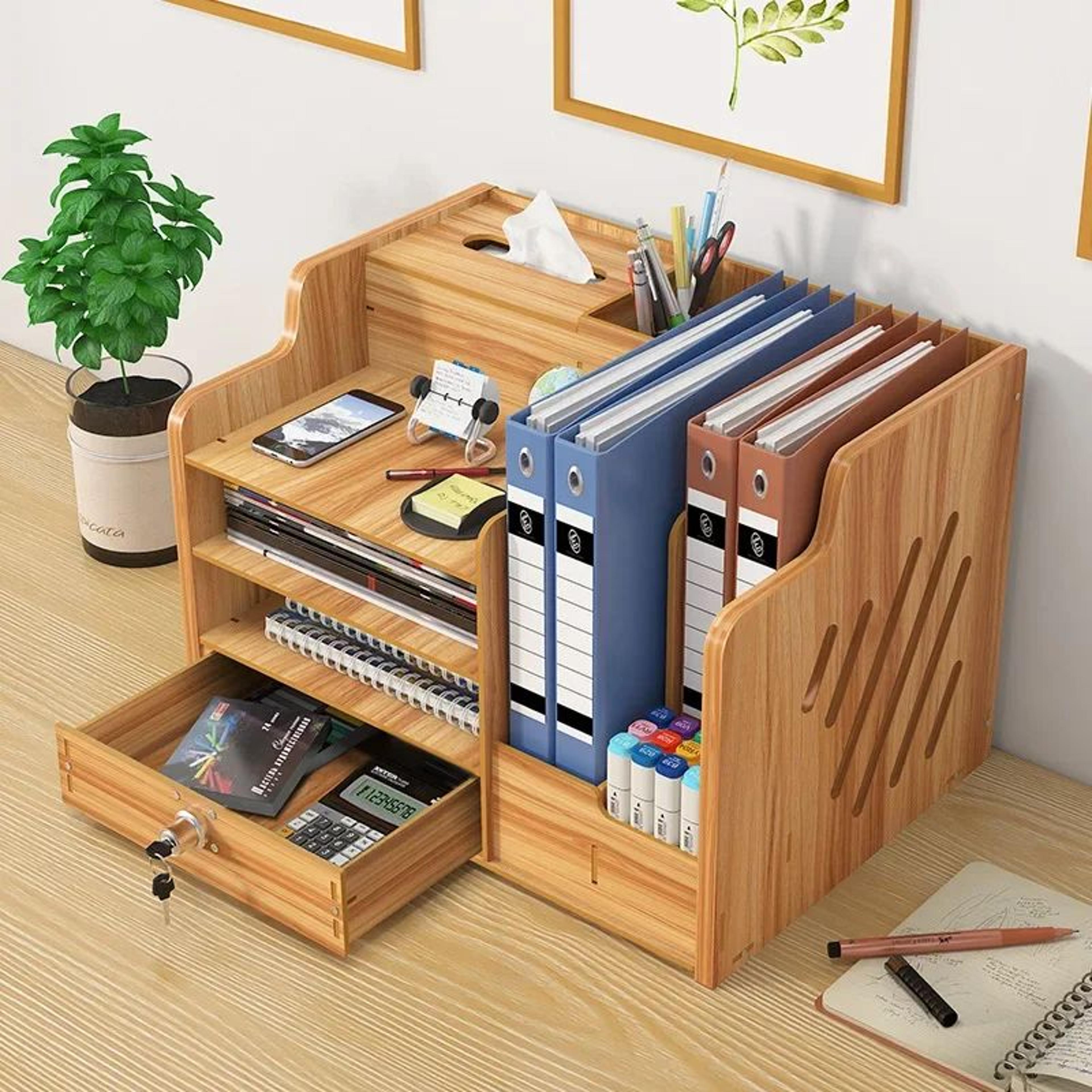 multi-layer desktop storage box with lock – office file drawer & workstation organizer rack