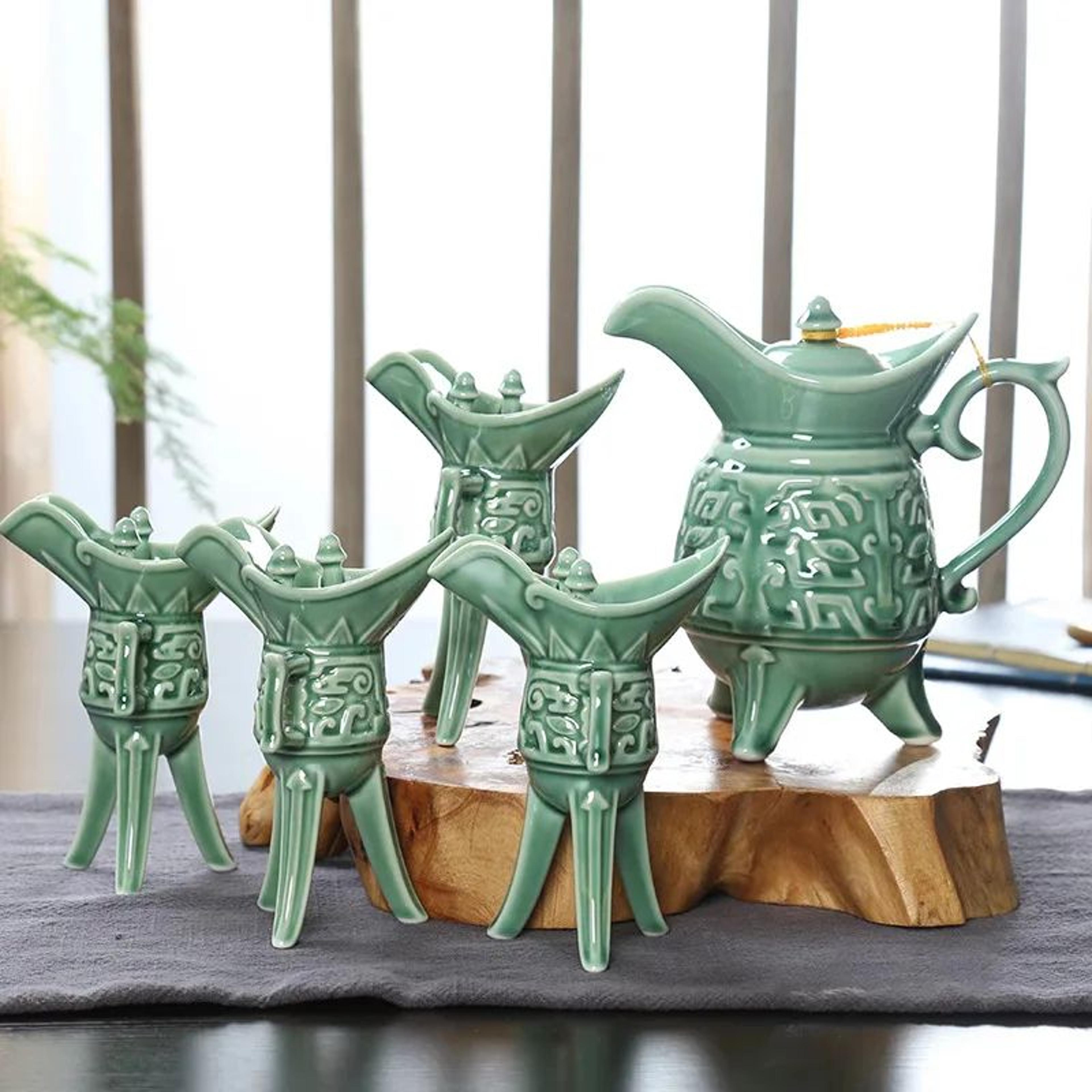 ImperialCharm Retro Ceramic Baijiu Wine Set  One Catty Pot With 12 Cups Gift Box Edition 5