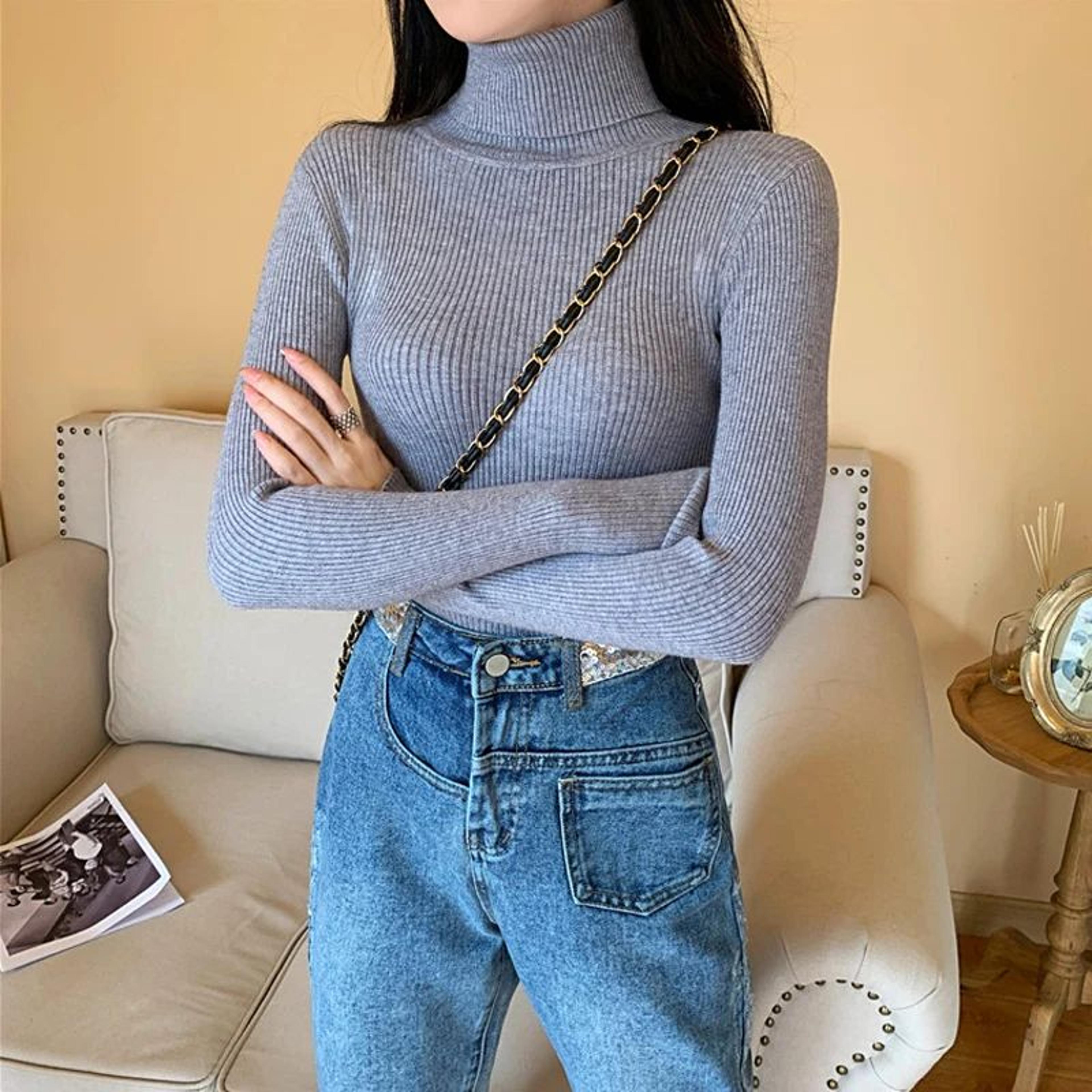 Autumn Winter Womens Ribbed Turtleneck Knit Sweater  Slim Fit Soft Warm Pullover 26