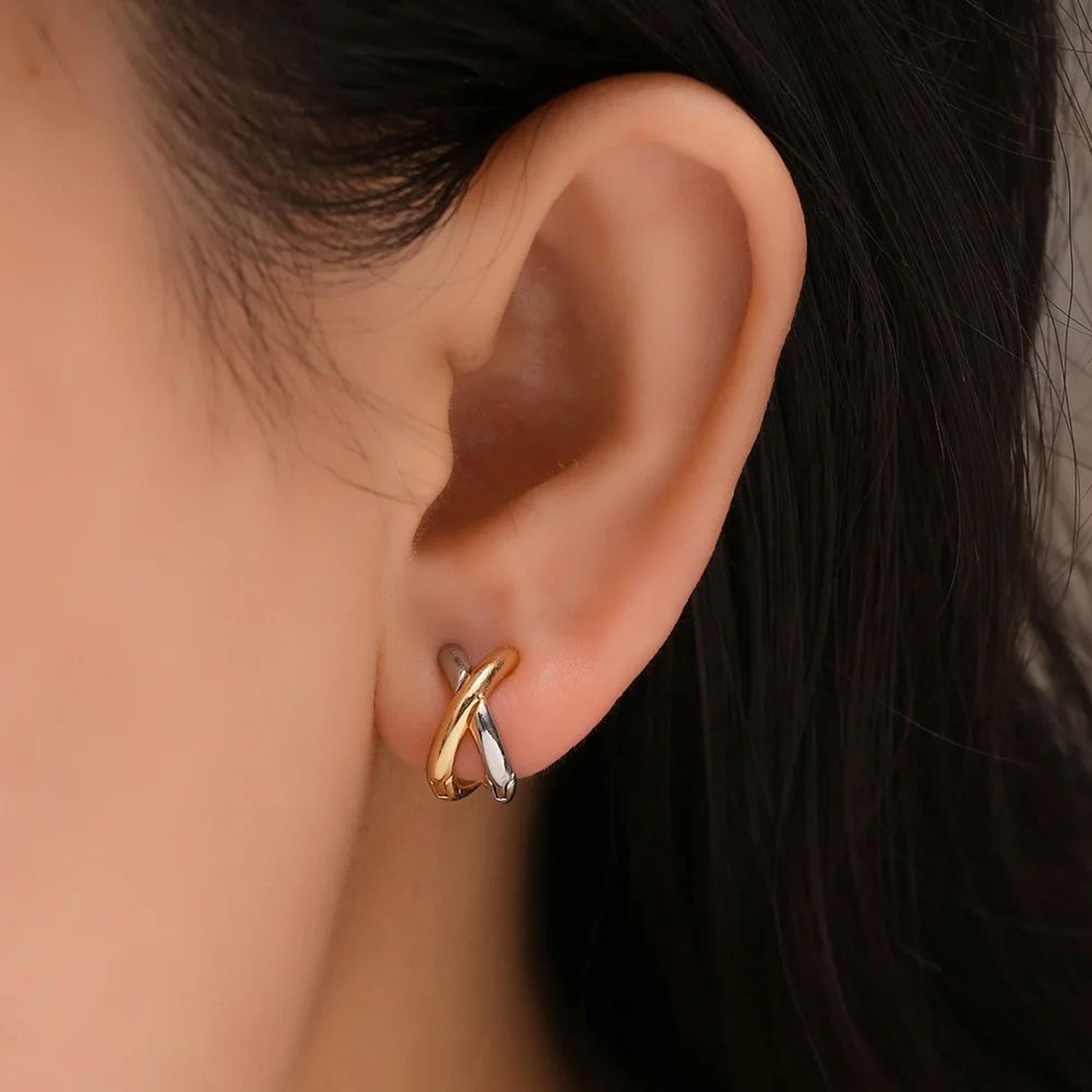 Punk Gold  Silver CrissCross Huggie Hoop Earrings  Geometric Mixed Metal Ear Bone Jewelry 3