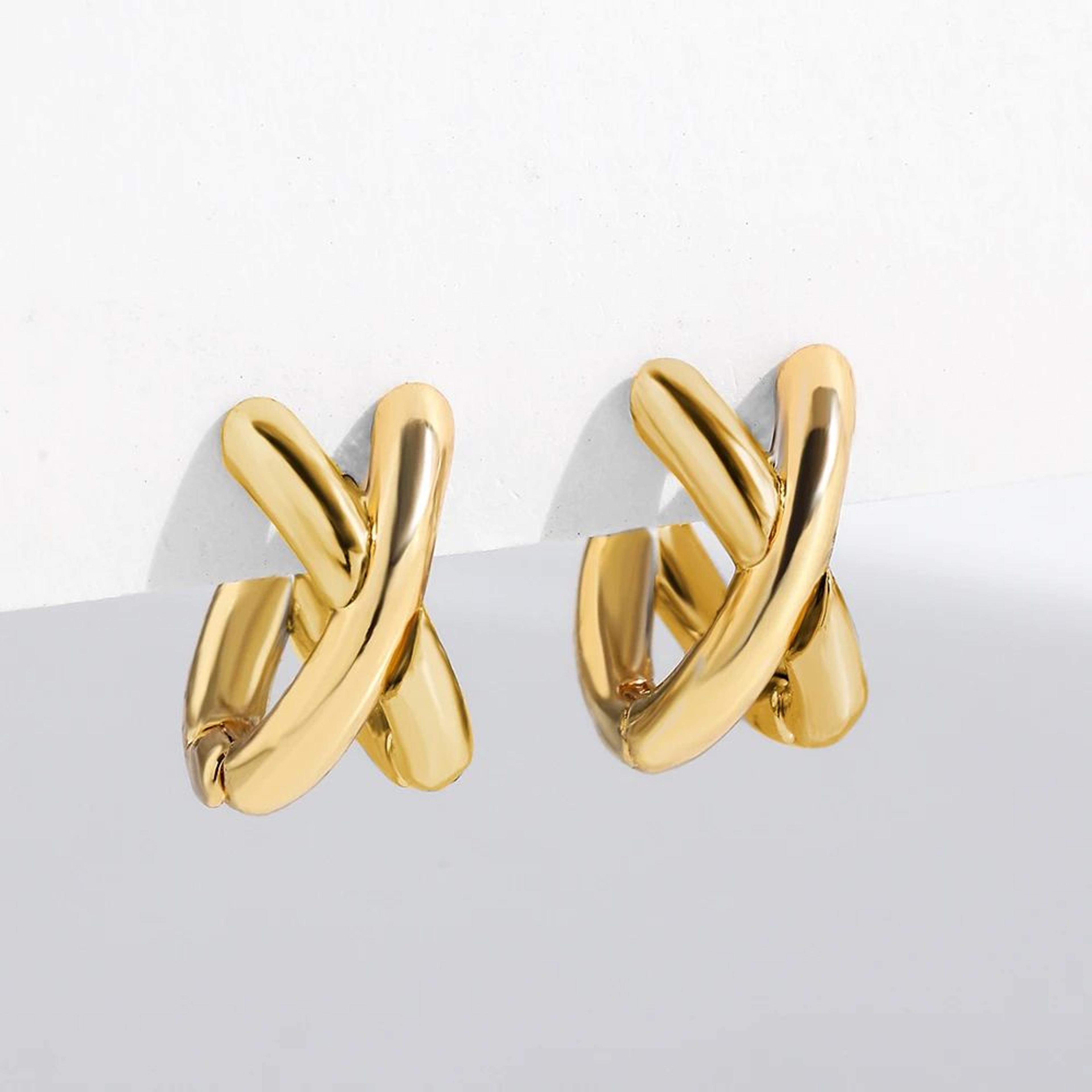Punk Gold  Silver CrissCross Huggie Hoop Earrings  Geometric Mixed Metal Ear Bone Jewelry 6